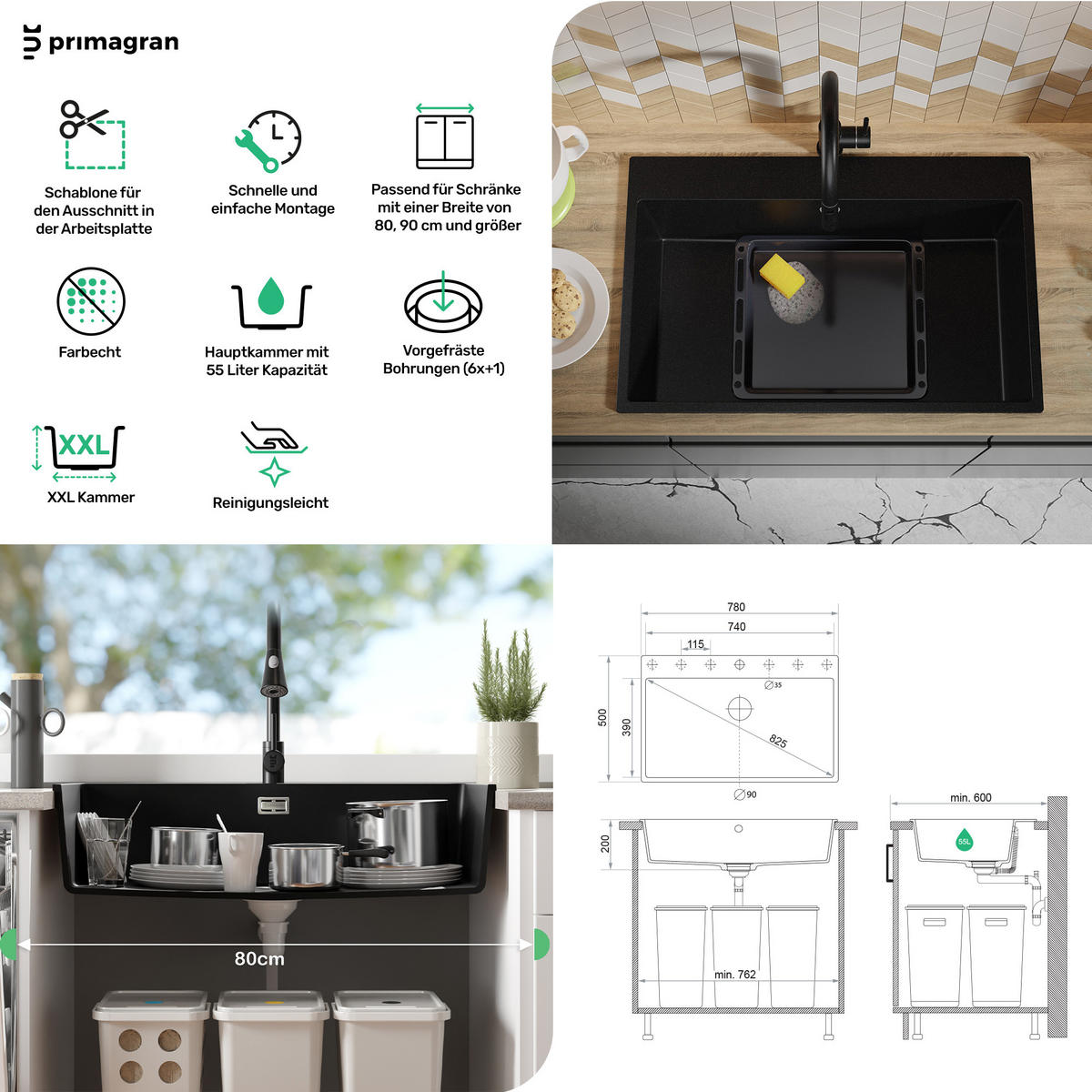SPÜLBECKEN Riga, 2-er set Schwarz 78/50 cm 1 Becken + Ablauf-Set ab 80er Unterschrank - Chromfarben/Schwarz, Kunststoff (78/20/50cm) - Primagran