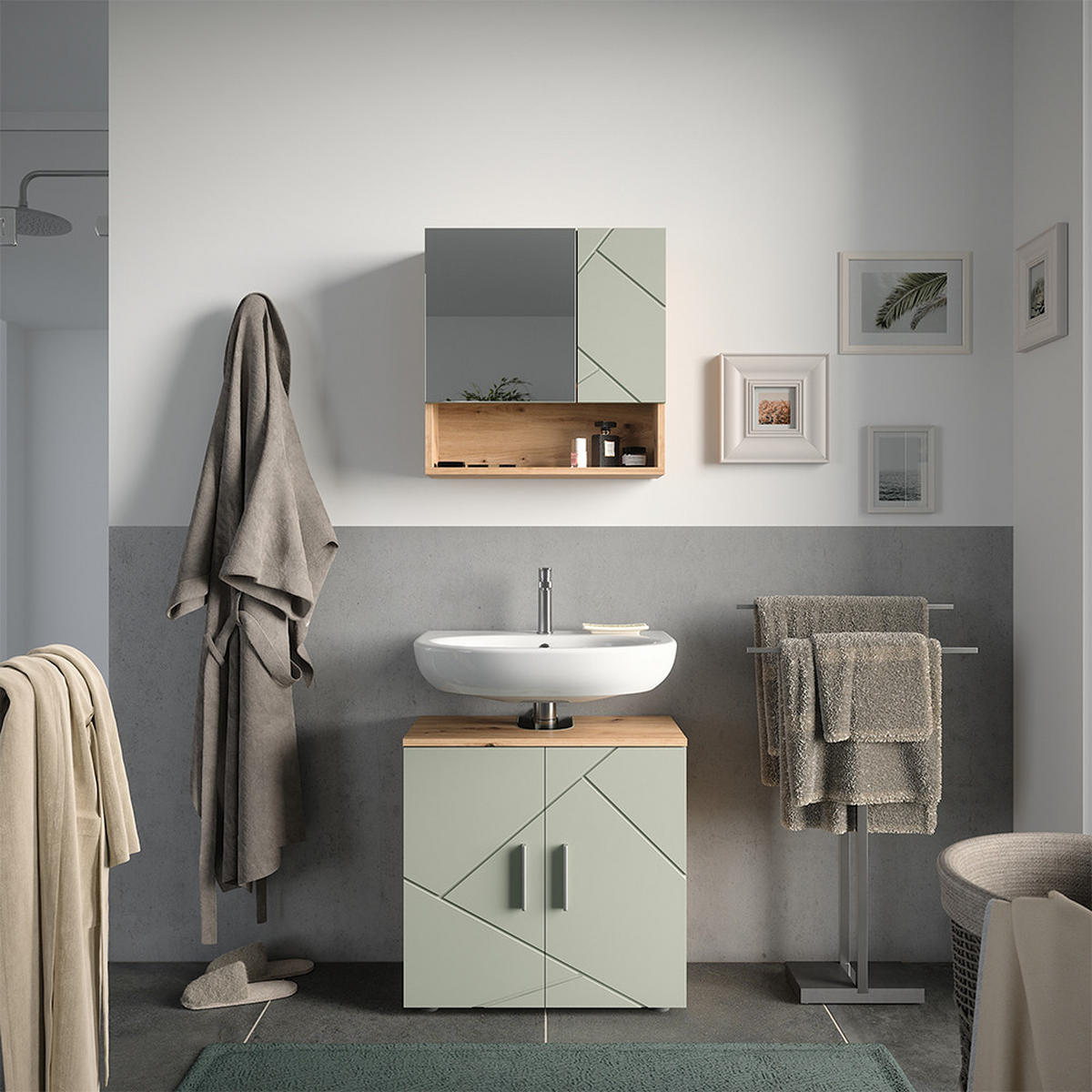 BADMÖBEL-SET Irma Salbeigrün 2 Teile - Salbeigrün/Hellgrau, Holzwerkstoff (60/59/30cm) - Vicco