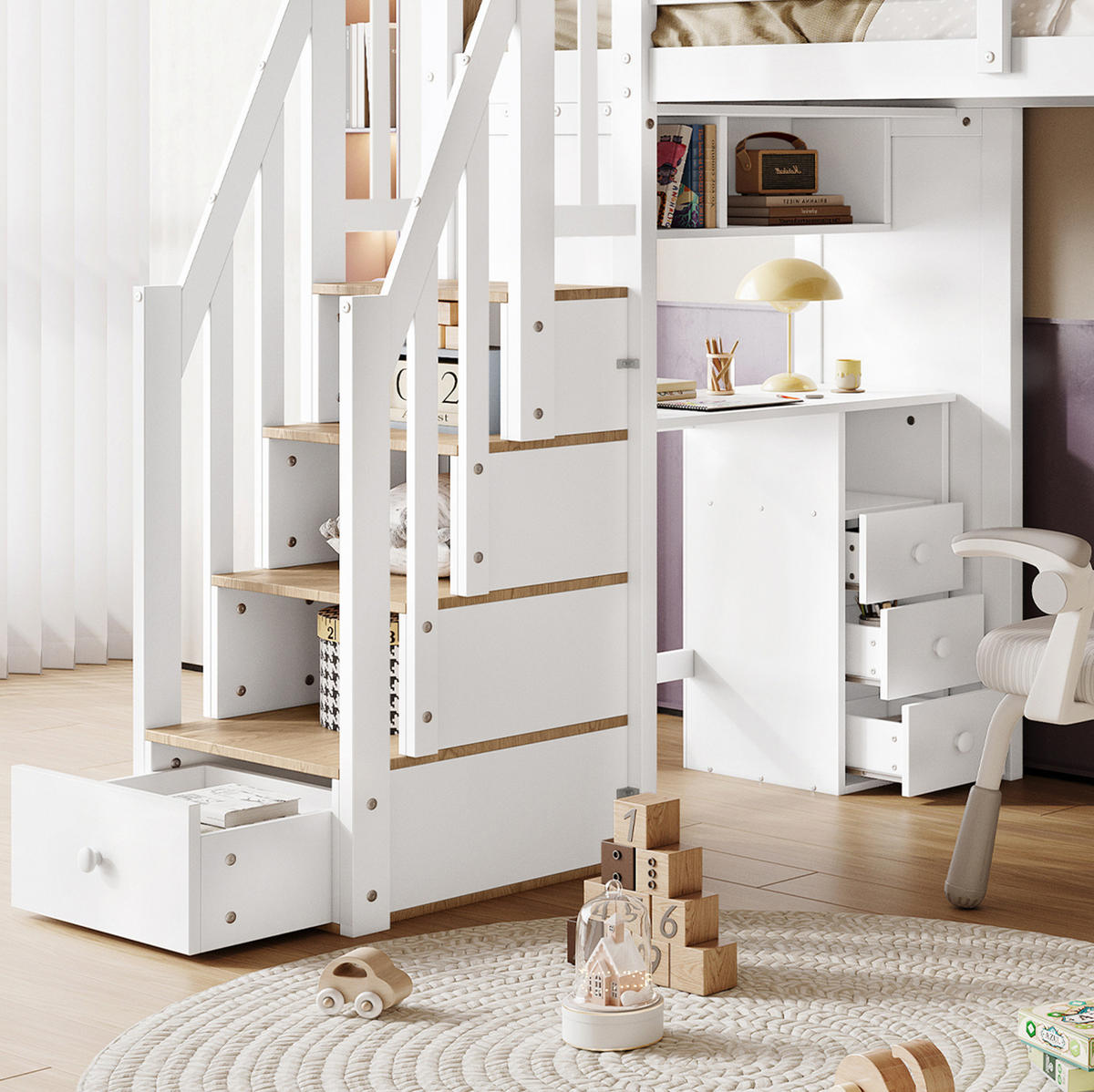 ETAGENBETT 90/200 cm Weiß/Natur mit Schreibtisch und Stauraumtreppe ohne Matratze - Weiß, Holz (90/200cm) - MIVRAY