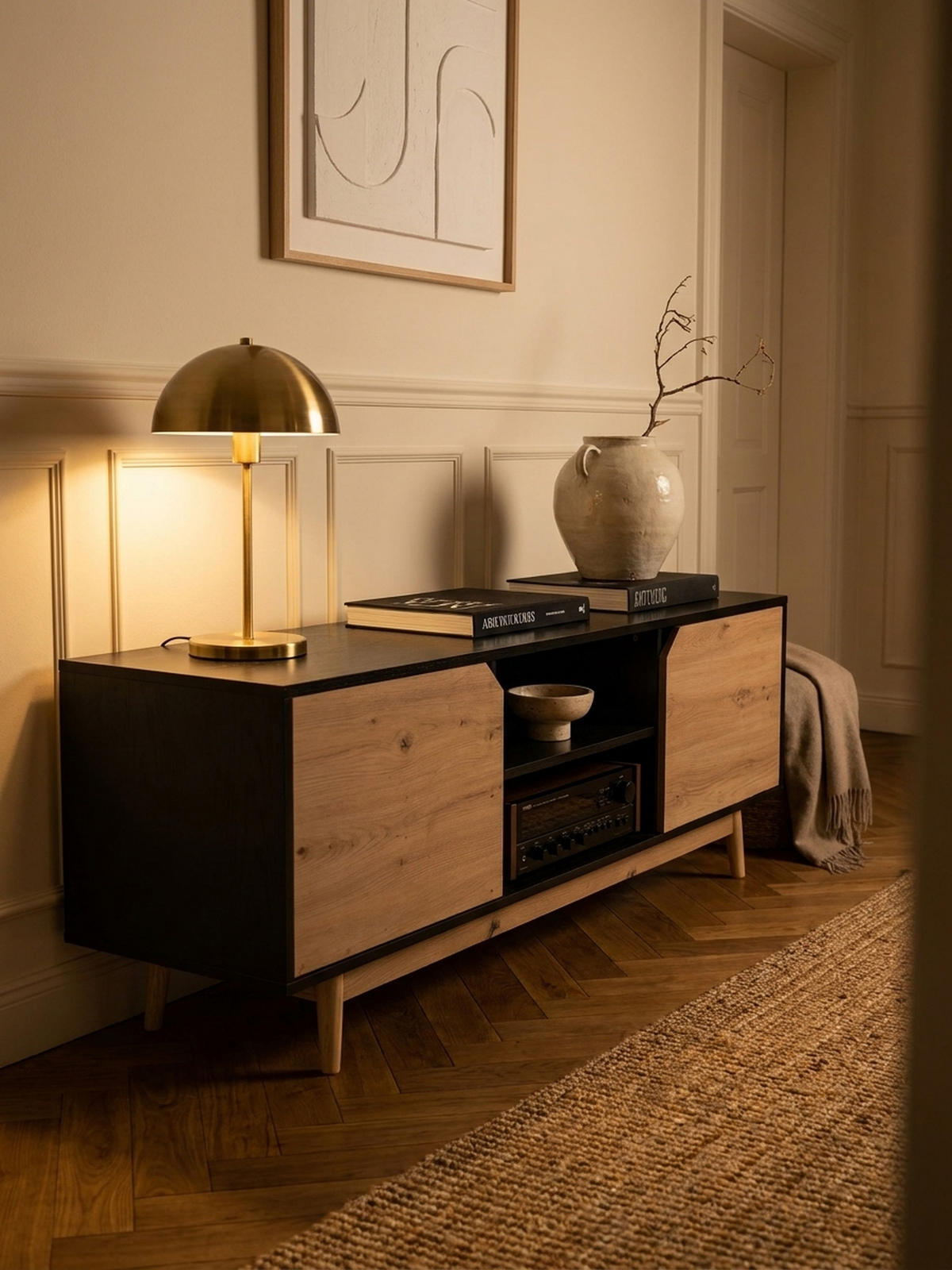 TV-LOWBOARD mit Eiche-Dekor, 2 Türen, modern, Schwarz-Beige 150x40x55 cm - Eichefarben/Schwarz, Holz (150/55/40cm) - KADIMA DESIGN