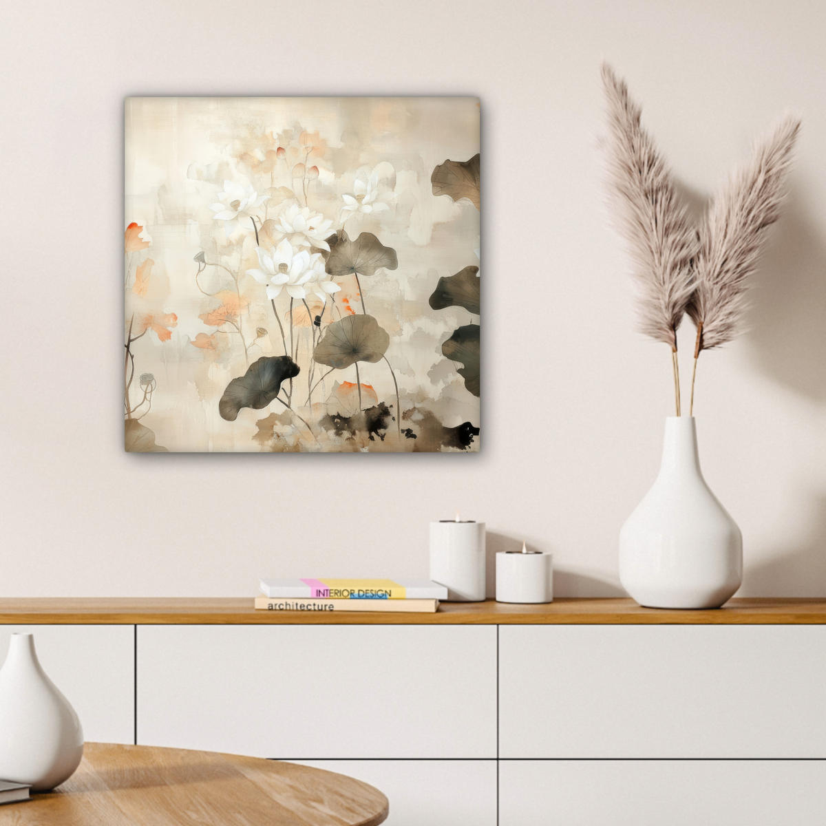 LEINWANDBILD Blumen - Japandi - Wabi sabi Wandbild Wohnzimmer 50x50 cm - Sandfarben, Textil (50/50cm) - MuchoWow