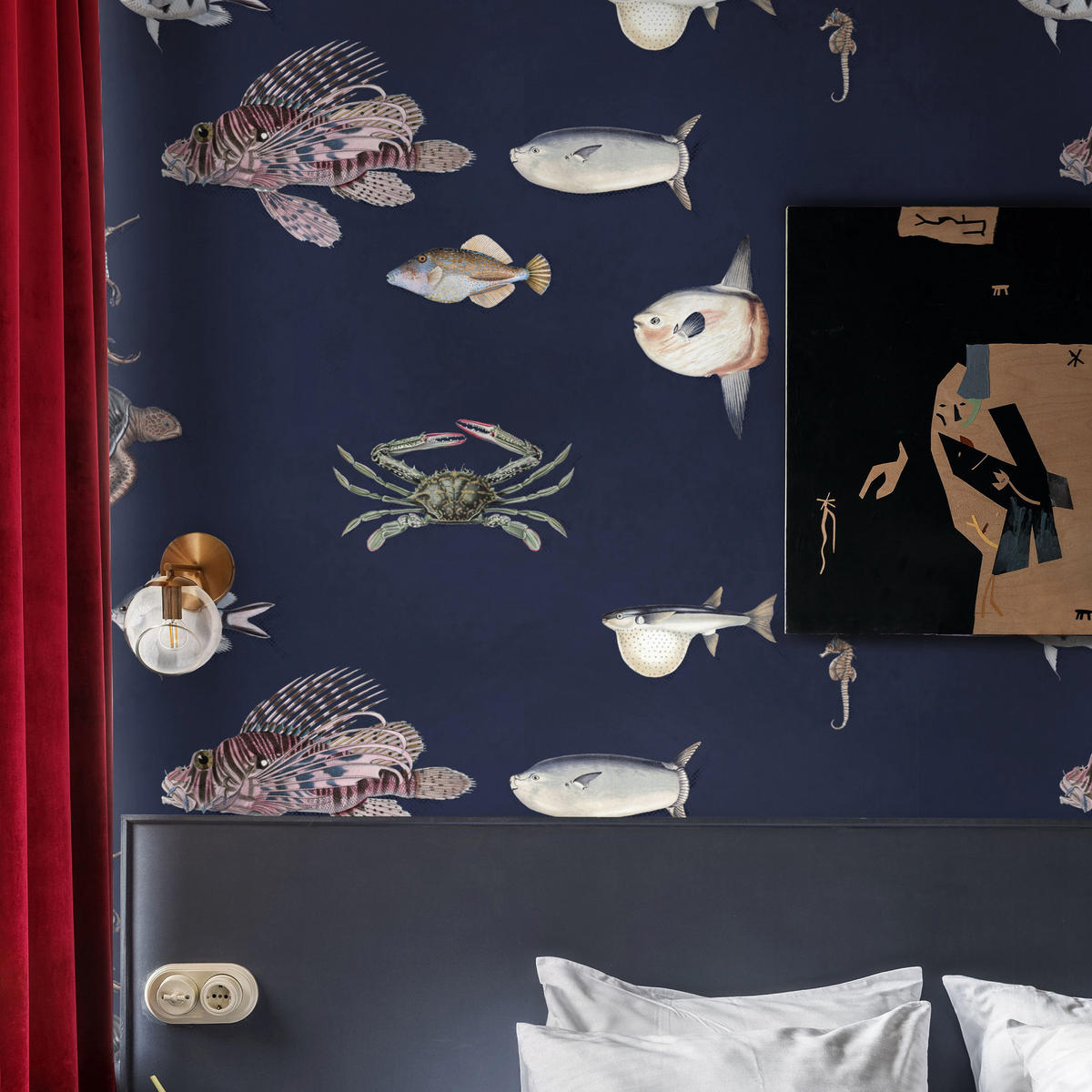 TAPETE Fische aus echtem Papier, 200x280cm, 8 Bögen - Dunkelblau, Papier (200/280cm) - WALLPAPERS4BEGINNERS