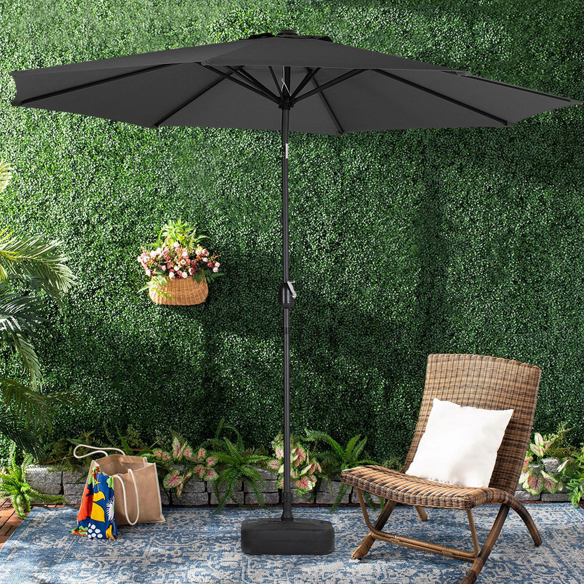 SONNENCHIRM aus Polyester Metall und befüllbarer Kunststoff-Sockel 360° drehbar neigbar 60° 3 x 2.4m Ø44,5 × 28 cm - Schwarz, Metall (300/240cm) - Livingandhome