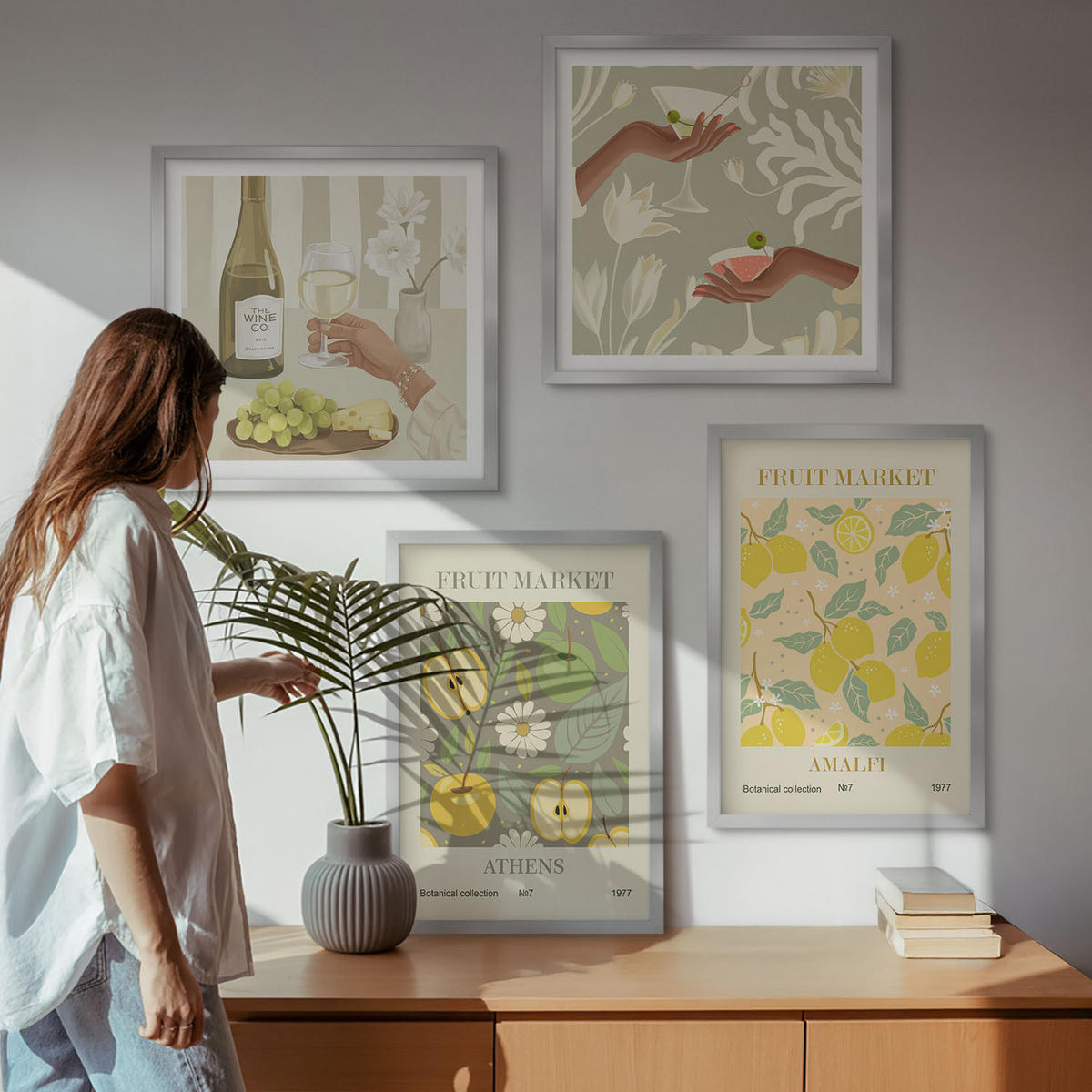 WANDBILDER 4er Set - 50x50 cm & 40x60 cm Silberner Rahmen - Fruchtige Muster italienischer Wein - Silberfarben, Kunststoff (50/50cm) - ArtPrintCave