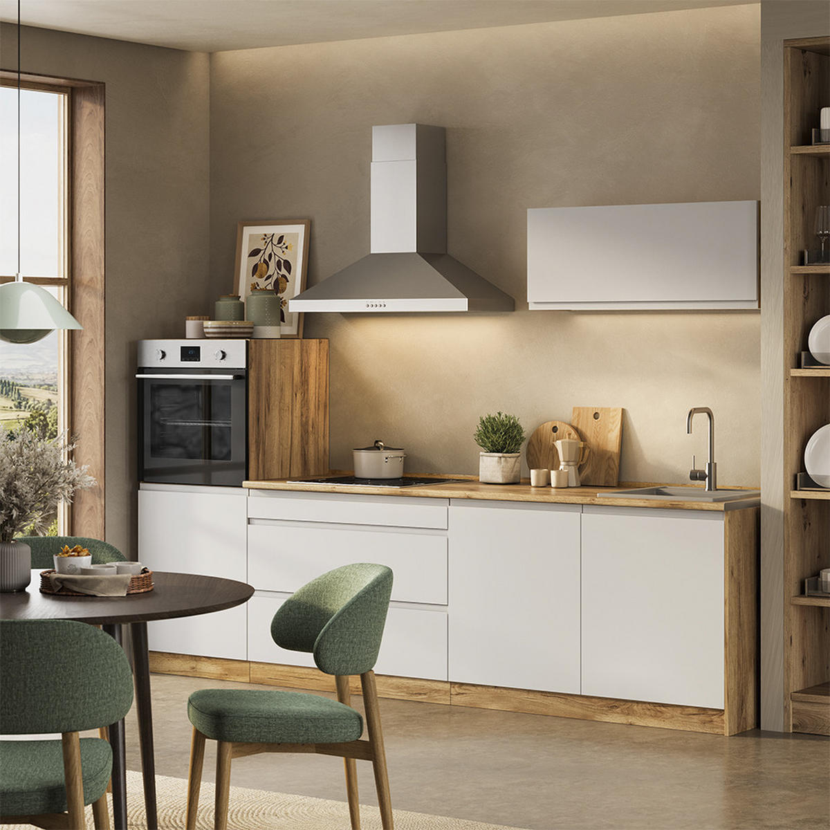 KÜCHENZEILE R-Line, Weiß/Goldkraft Eiche, 280 cm Arbeitsplatte Platin - Eichefarben/Weiß, Holzwerkstoff (280/143/60cm) - Vicco