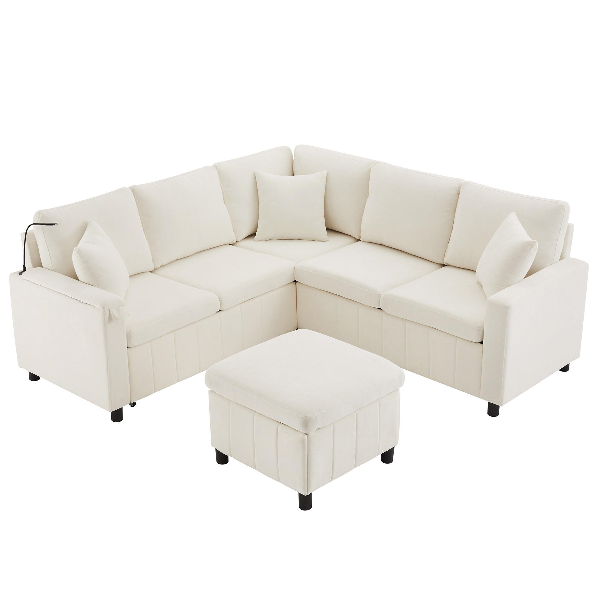 ECKSOFA Chenille mit Schlaffunktion, Hocker und USB-Anschluss 205/205/85 cm Beige - Beige, Textil (205/205cm) - Redom
