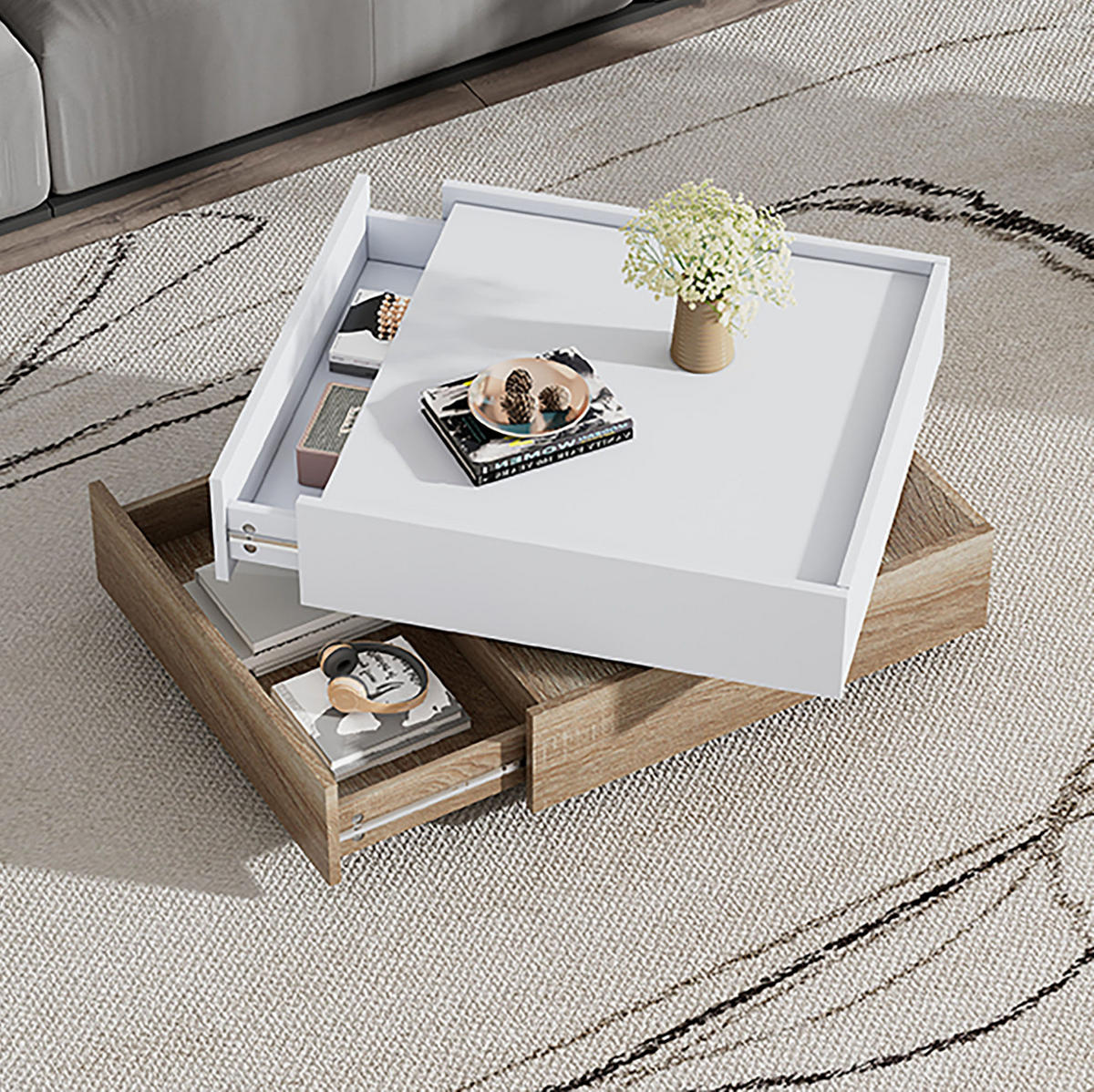 COUCHTISCH 60/60/38 cm in Weiß/Walnuss aus Spanplatte mit 360° Drehfunktion - Weiß, Holzwerkstoff (60/60/38cm) - OKMYHOME