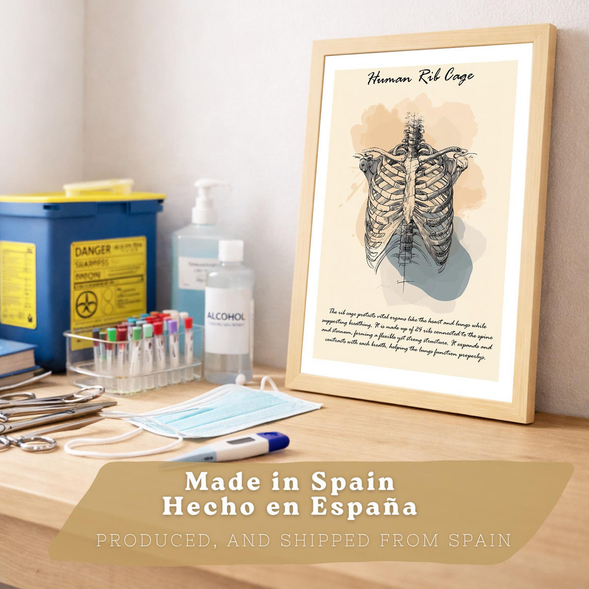 POSTER Set aus 2 Anatomie Mensch Lernposter Drucke und Wandbilder mit Skelett Rippen und Schädel Klinik Büro Dekoration Größe Leichter Holzrahmen A3 - Beige, Papier (29.7/42/3cm) - Nacnic