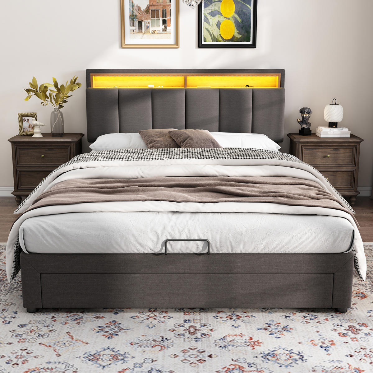 POLSTERBETT mit LED-Beleuchtung 140/200 cm mit gepolstertem Kopfteil in Grau - Grau, Textil (140/200cm) - BEAOK