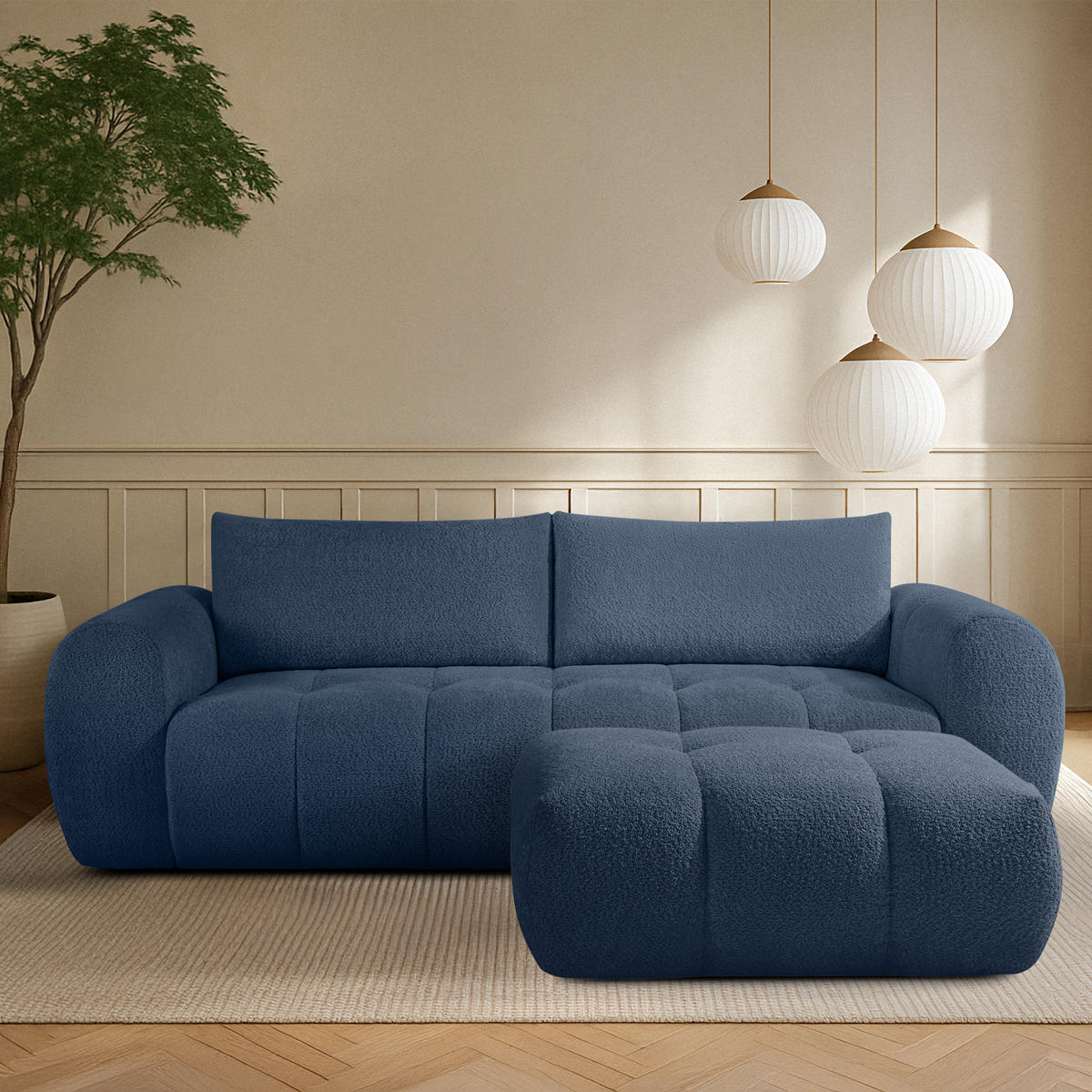 SOFA LIRA mit Pouf, Dunkelblau, Bouclé - Dunkelblau, Holz/Holzwerkstoff (96/43/50cm) - KONSIMO®
