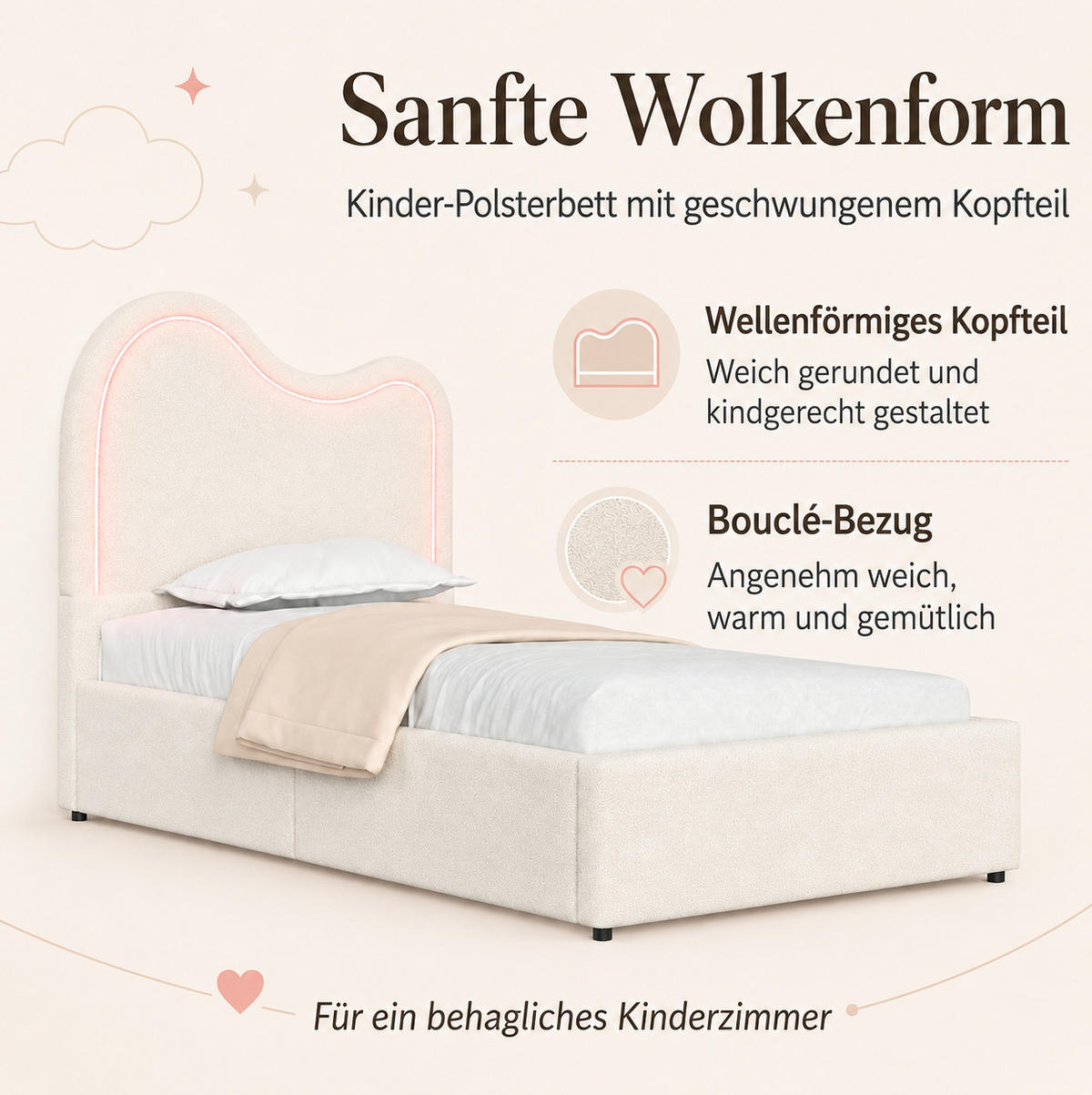 POLSTERBETT 90/200 cm in Weiß aus Bouclé mit Stauraum und LED-Beleuchtung - Weiß, Textil (90/200cm) - Flora Grace