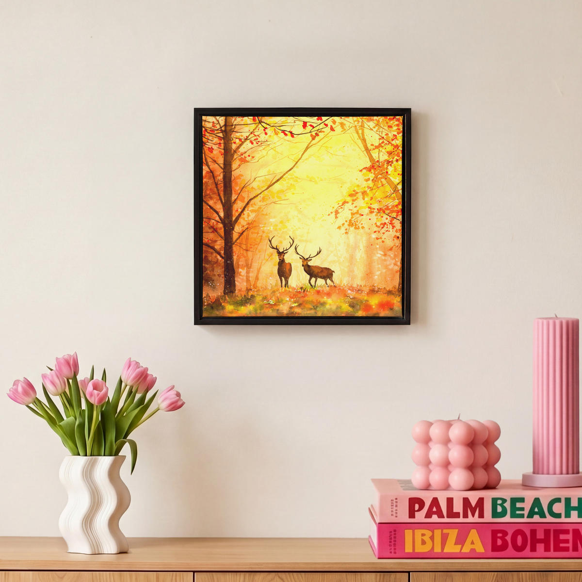 LEINWAND Bilder mit Rahmen - Natur - Ölfarbe - Hirsche - Tiere - Herbst - Orange - 20x20 - Orange, Textil (20/20cm) - MuchoWow