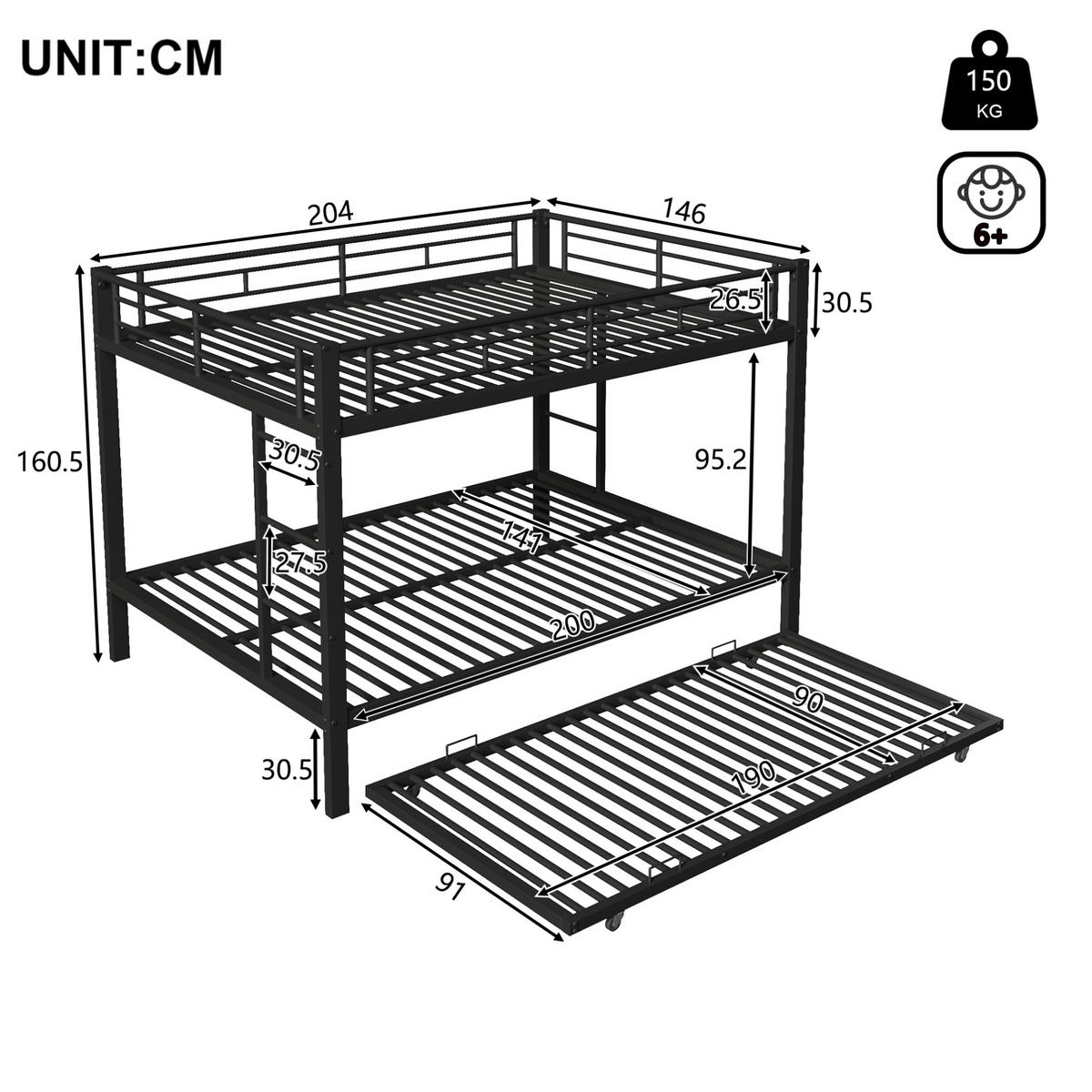 ETAGENBETT aus Metall 140x200 cm Schwarz mit Ausziehbett und hohen Geländern - Schwarz, Metall (140/200cm) - IVMEU