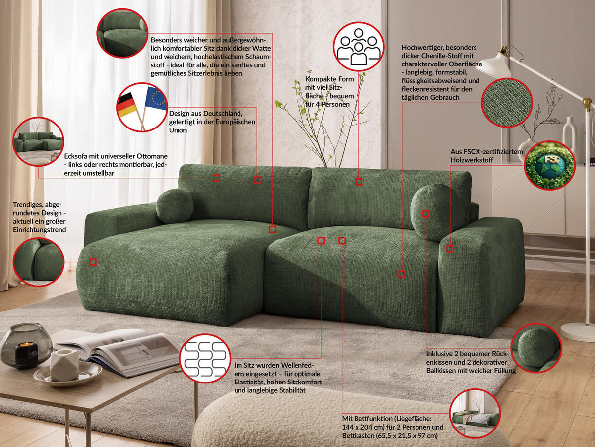 ECKSOFA Puffy mit Schlaffunktion und Bettkasten - besonders weich und puffig aus Grün Chenille-Stoff - Ottomane links - Schwarz/Grün, Holz/Kunststoff (138/266cm) - S-Style Möbel