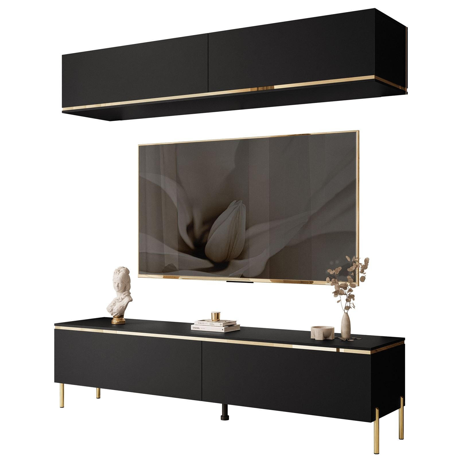 WOHNWAND AURORA in Schwarz Matt mit gerade Goldchrom Fuße - Goldfarben/Schwarz, Holzwerkstoff/Metall (180/46/40cm) - Lookway