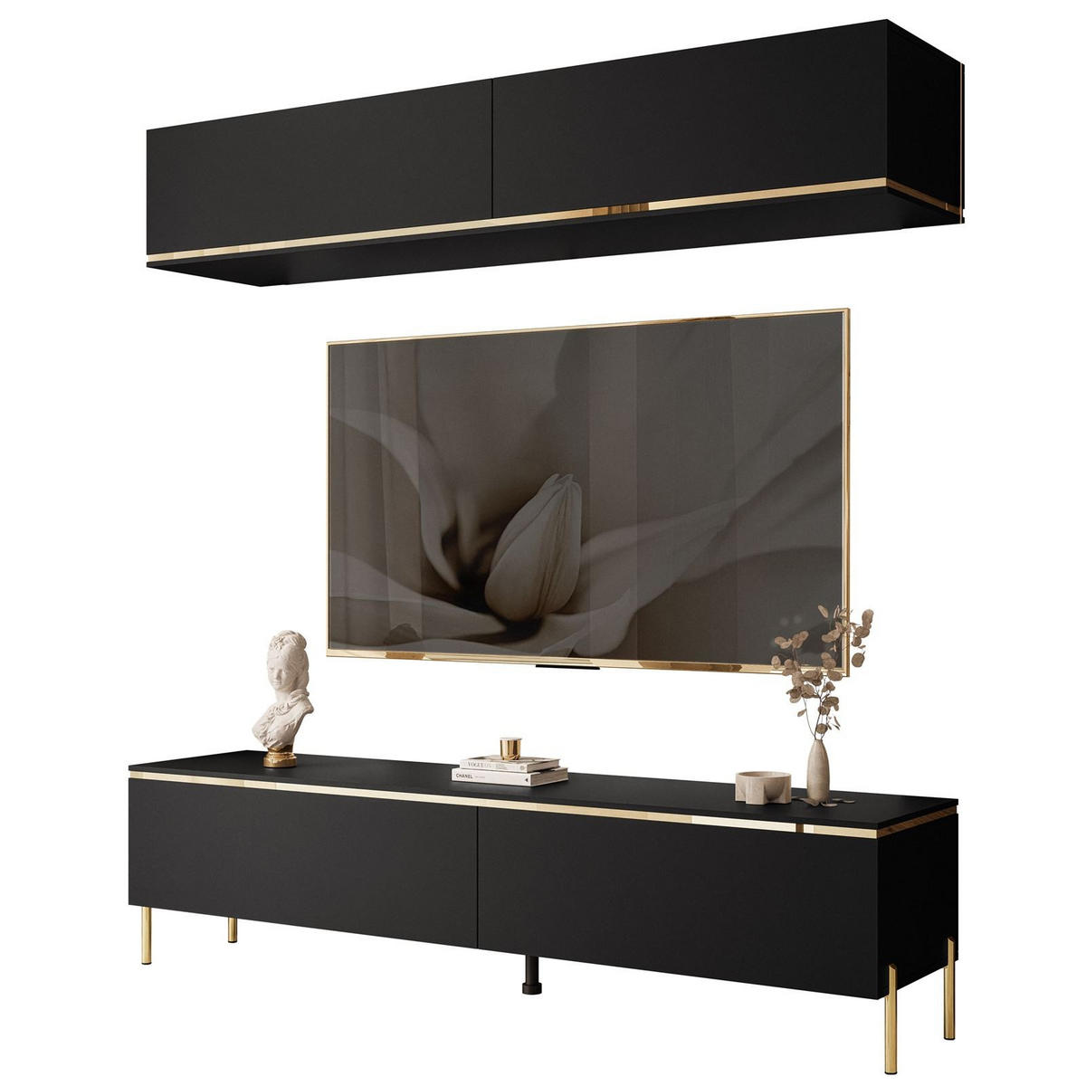 WOHNWAND AURORA in Schwarz Matt mit gerade Goldchrom Fuße - Goldfarben/Schwarz, Holzwerkstoff/Metall (180/46/40cm) - Lookway