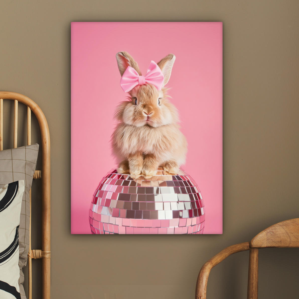 LEINWANDBILD Schleife - Discoball - Kaninchen Wandbild Wohnzimmer 60x80 cm - Pink, Textil (60/80cm) - MuchoWow