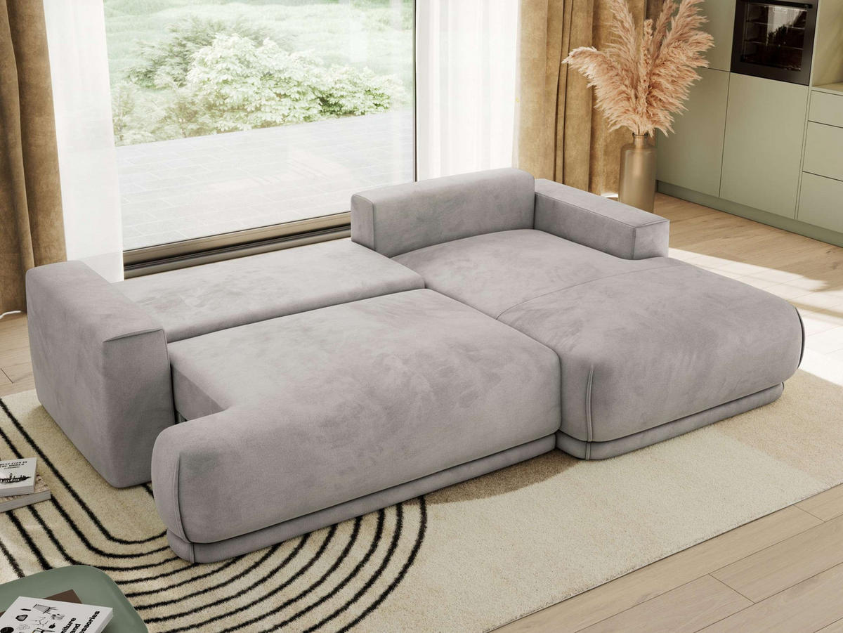 ECKSCHLAFSOFA RINA L Hellgrau Velvet - rechts - Hellgrau/Schwarz, Kunststoff/Textil (170/267cm) - MKS