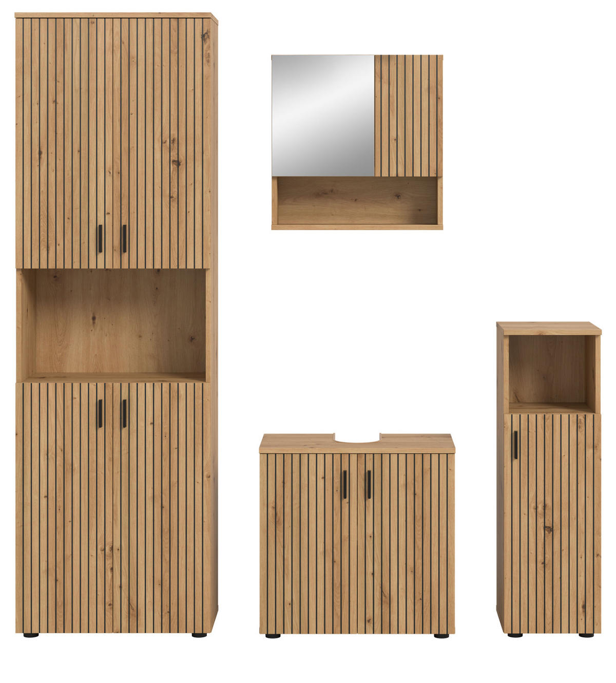 BADMÖBEL-SET Eiche Artisan 4-teilig 180 cm, Badkombination mit viel Stauraum - Schwarz/Eiche Artisan, Glas/Holzwerkstoff (180/192/30cm) - Inn.Furn