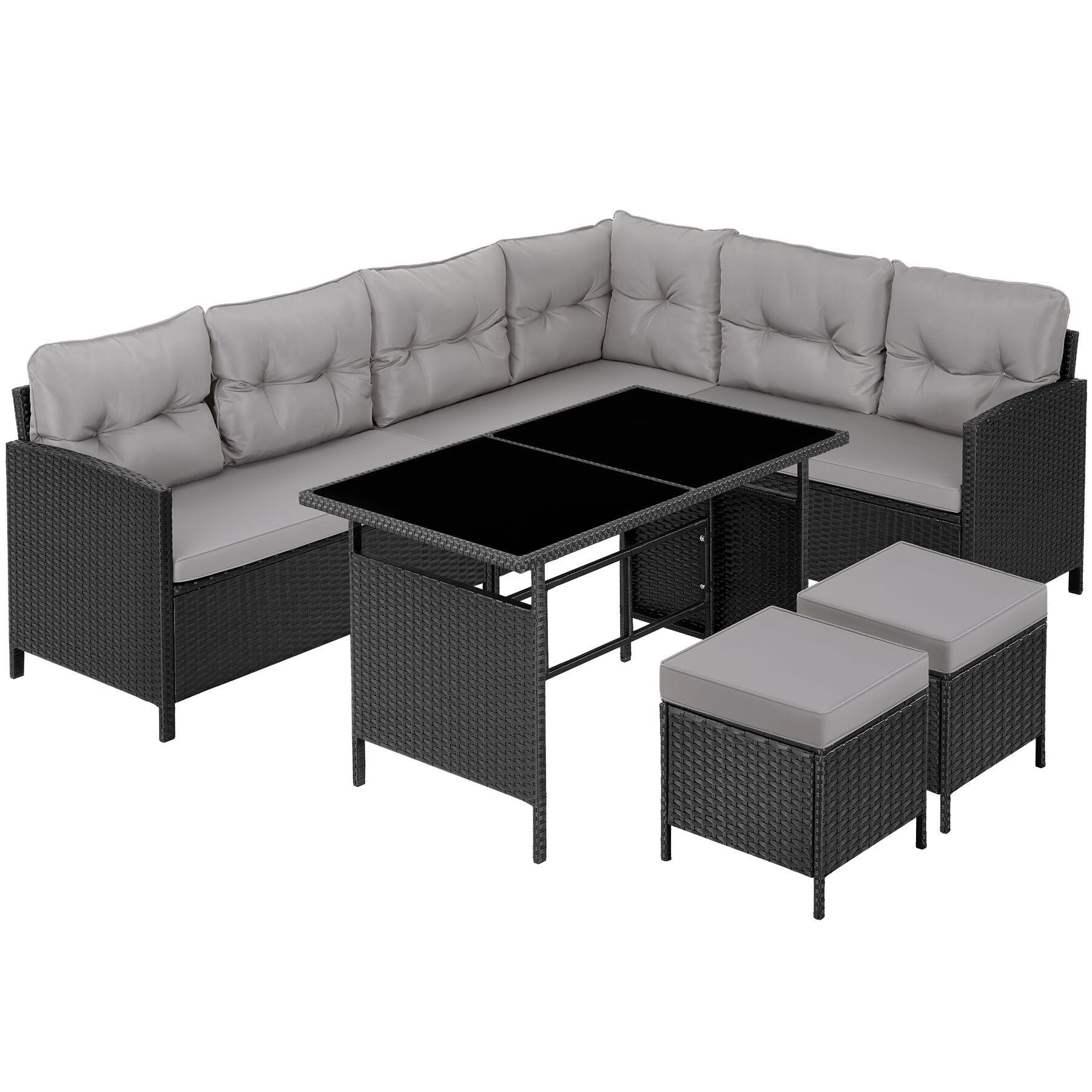 RATTANLOUNGE Barletta, mit Sicherheitsglasplatten, schwarz/grau - Schwarz/Grau, Kunststoff - tectake