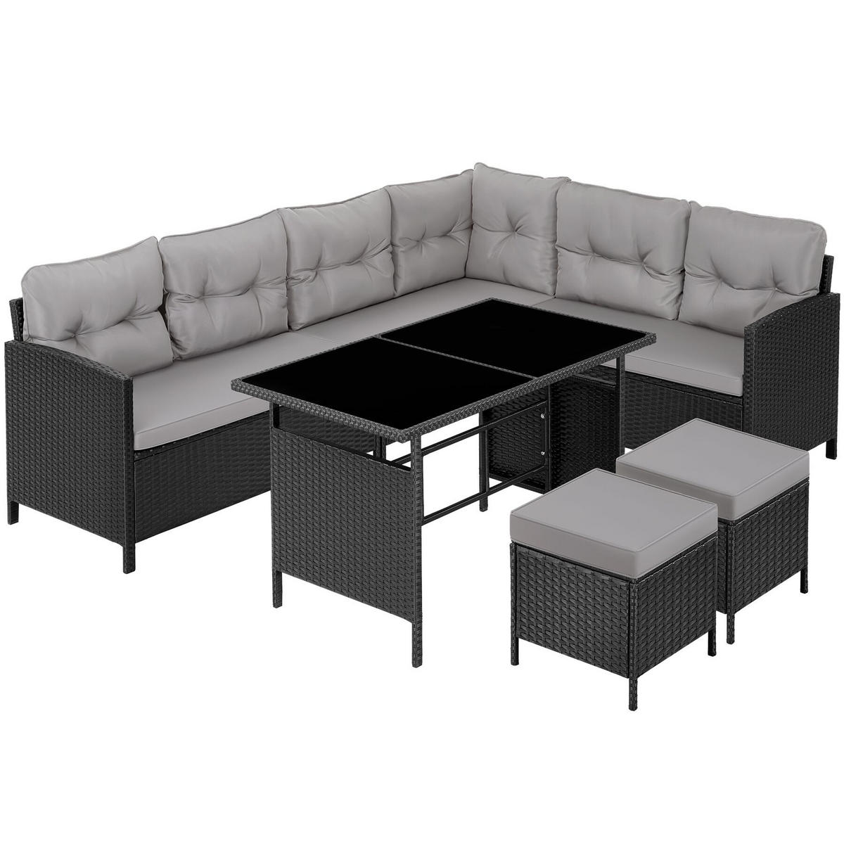 RATTANLOUNGE Barletta, mit Sicherheitsglasplatten, schwarz/grau - Schwarz/Grau, Kunststoff - tectake