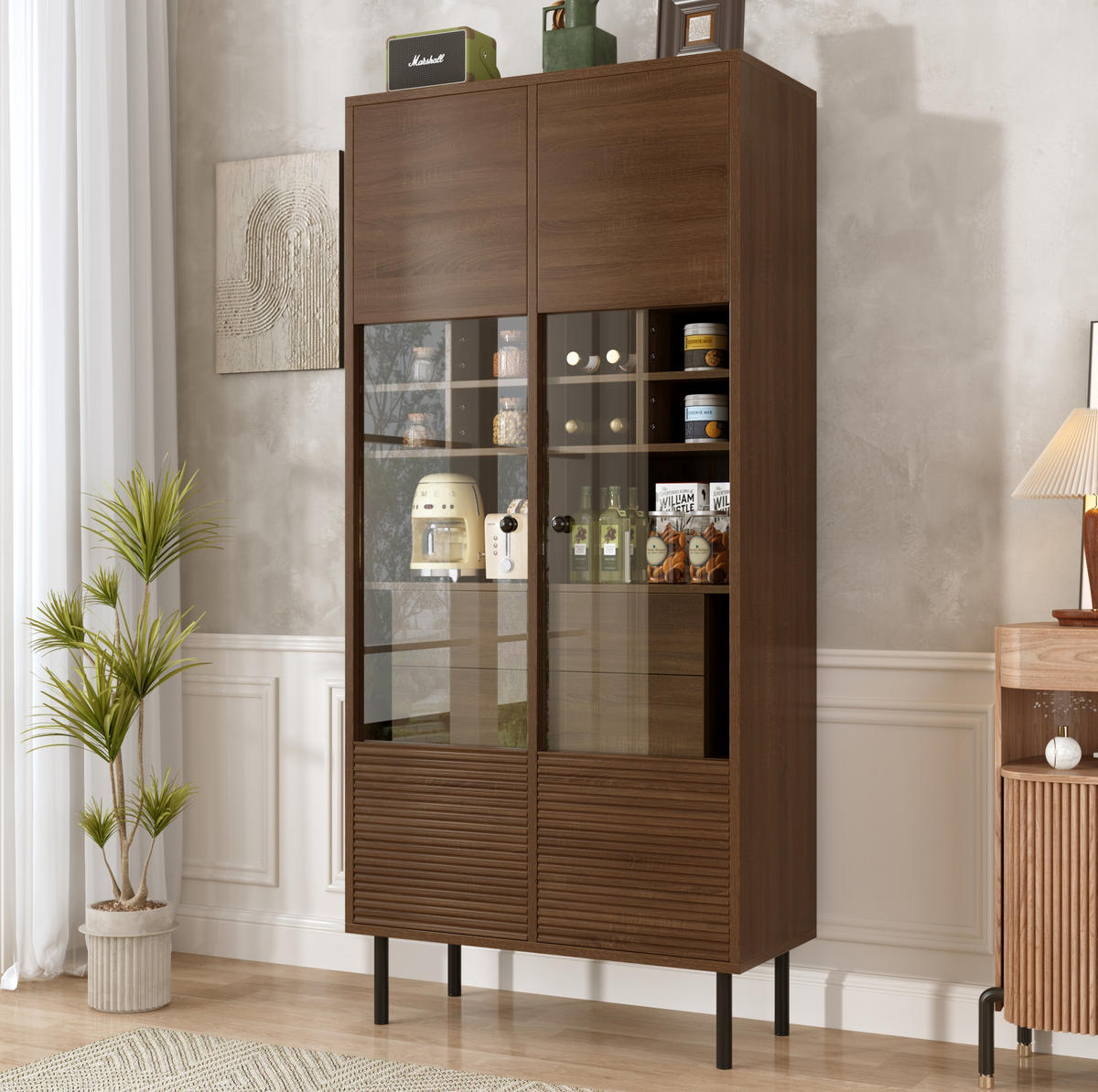 VITRINENSCHRANK aus MDF mit Glasfront und 4 Schubladen Nussbaumfarben - Walnussfarben, Holzwerkstoff (75.5/164.5/35cm) - Modenvie