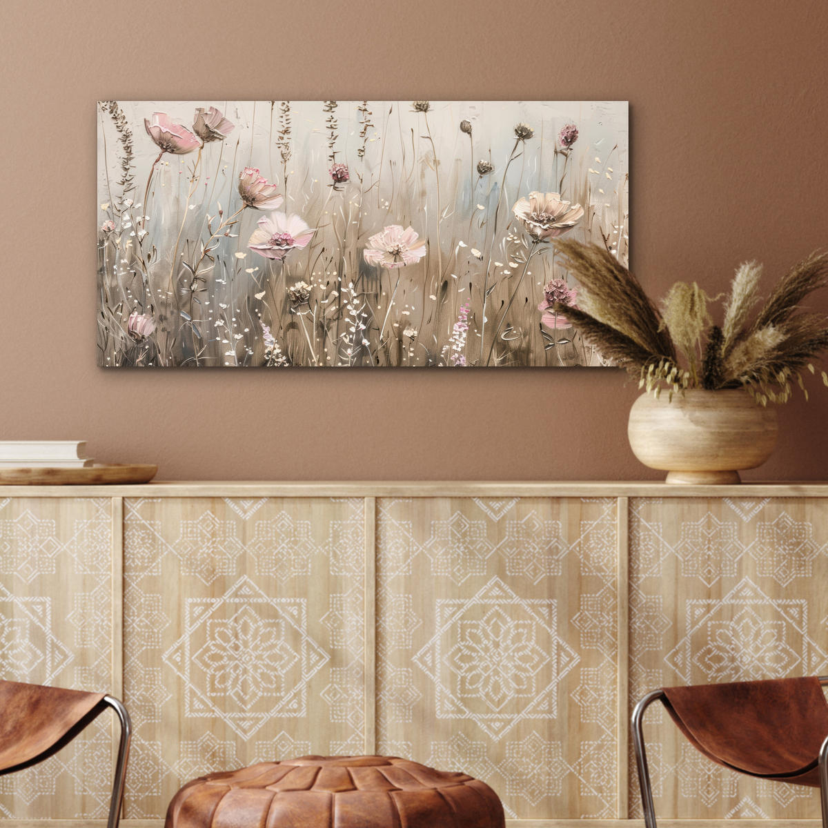 KOVOVÝ OBRAZ Kvety - Ružová - Moderné - Béžová 80x40 cm - béžová, kov (80/40cm) - MuchoWow