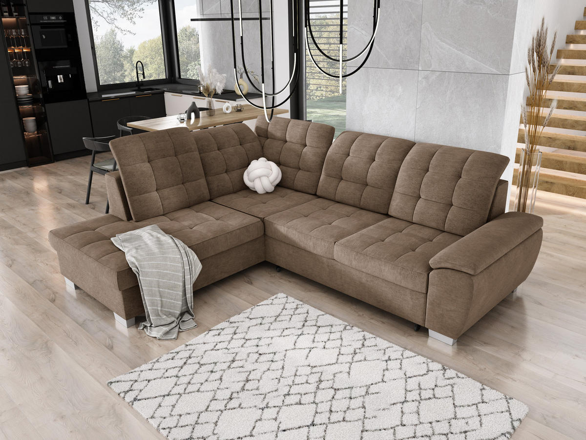 ECKSOFA LOTTA L-förmig Bettkasten verstellbare Kopfstützen hochwertige Verarbeitung lose Rückenkissen freistehend LINKS 212x258x106 cm Cappuccino - Cappuccino, Holz/Textil (212/258cm) - DomoHome