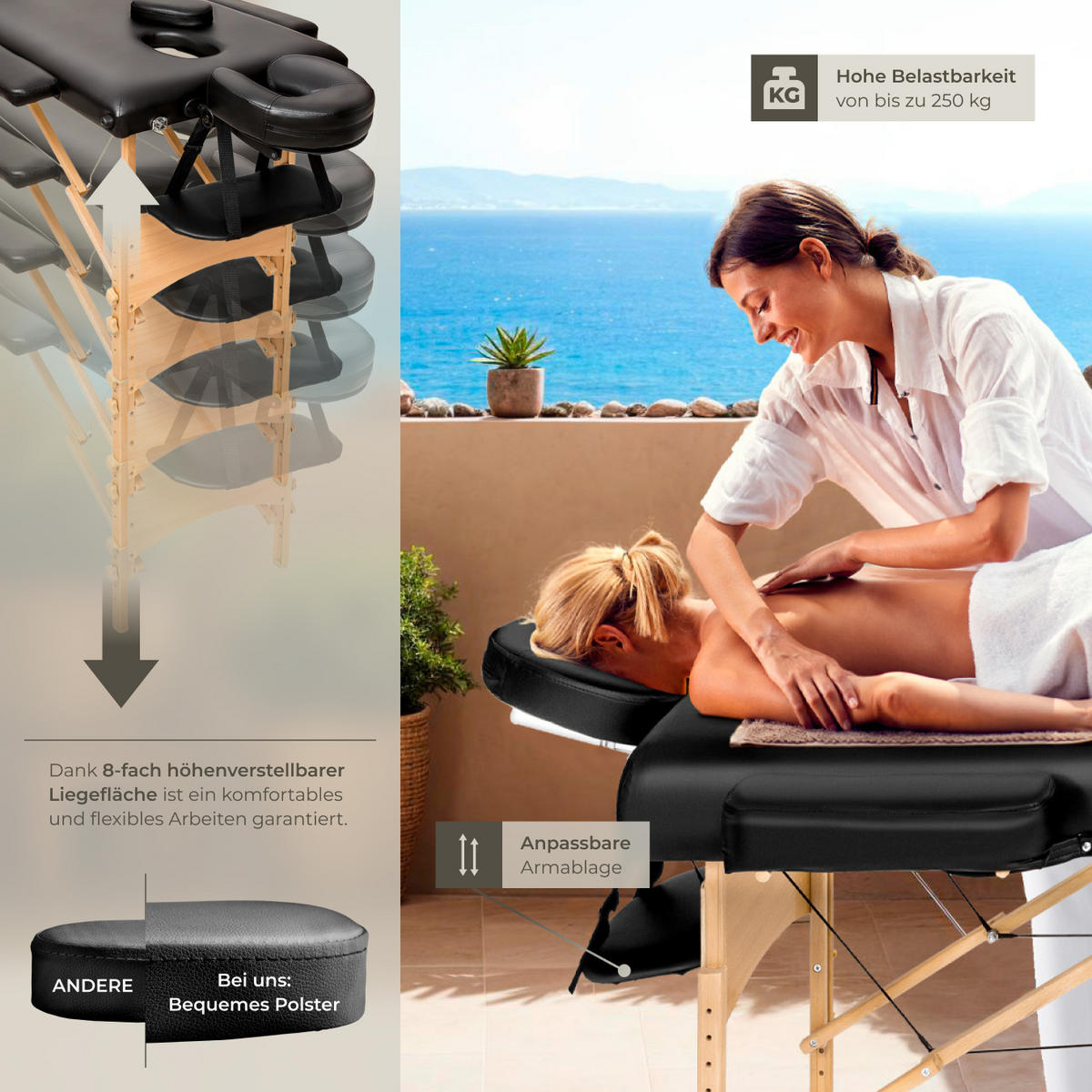 MASSAGELIEGE-SET 3 Zonen Daniel,210 x 95 x 84 cm,schwarz - Schwarz, Holz (95/84/210cm) - tectake