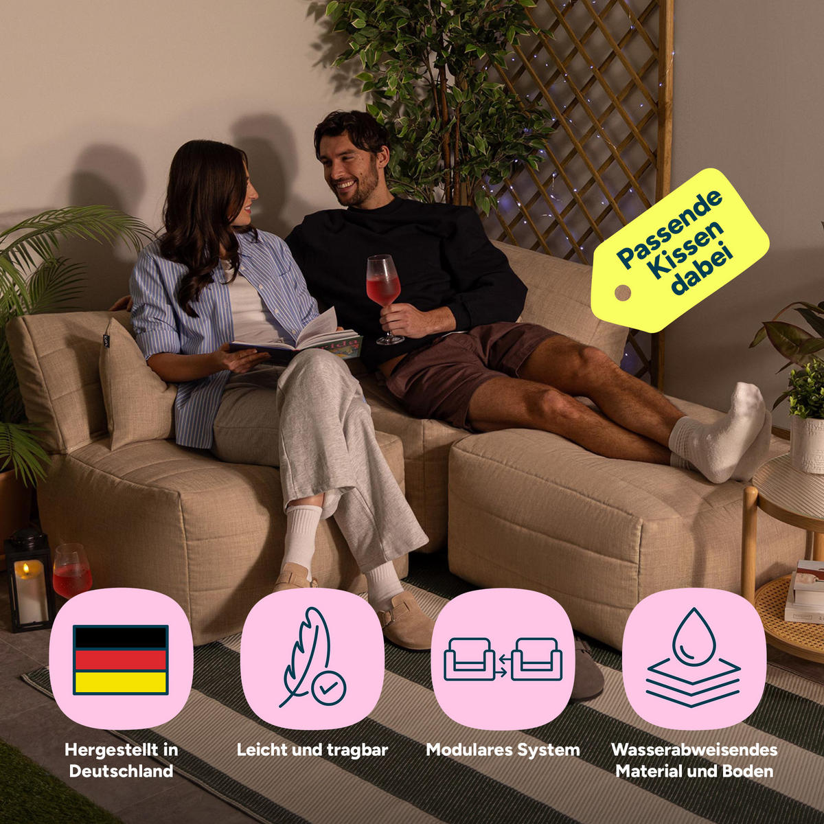 SITZSACK-SOFA 3-tlg. modular outdoor Noa - Beige, Textil (228/70/78cm) - icon