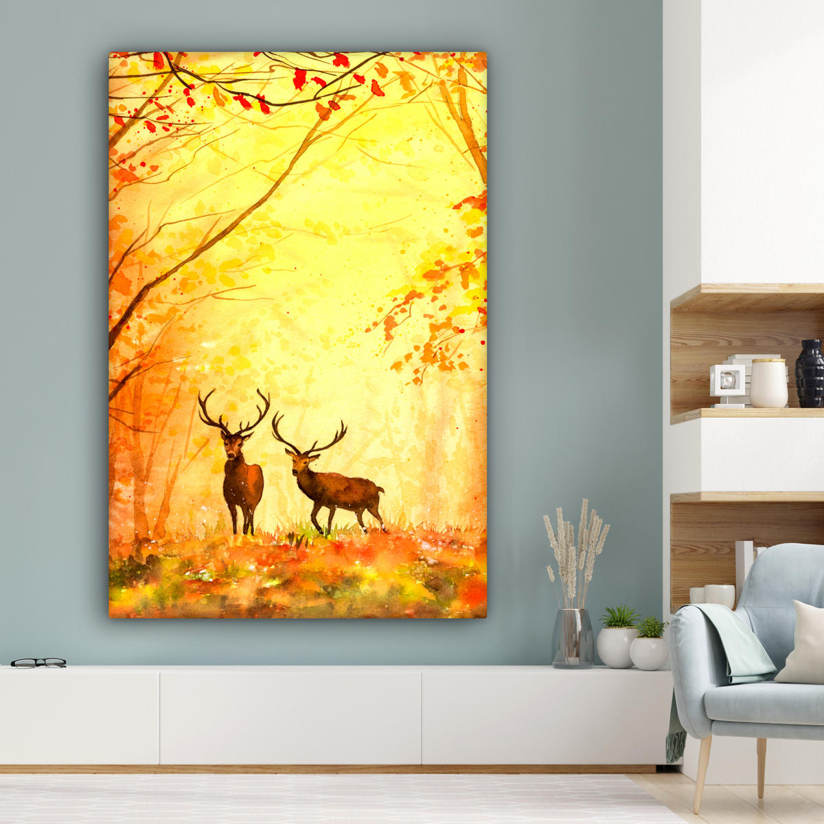 SLIKA NA PLATNU Jeleni 90x140 cm - oranžna, tekstil (90/140cm) - MuchoWow