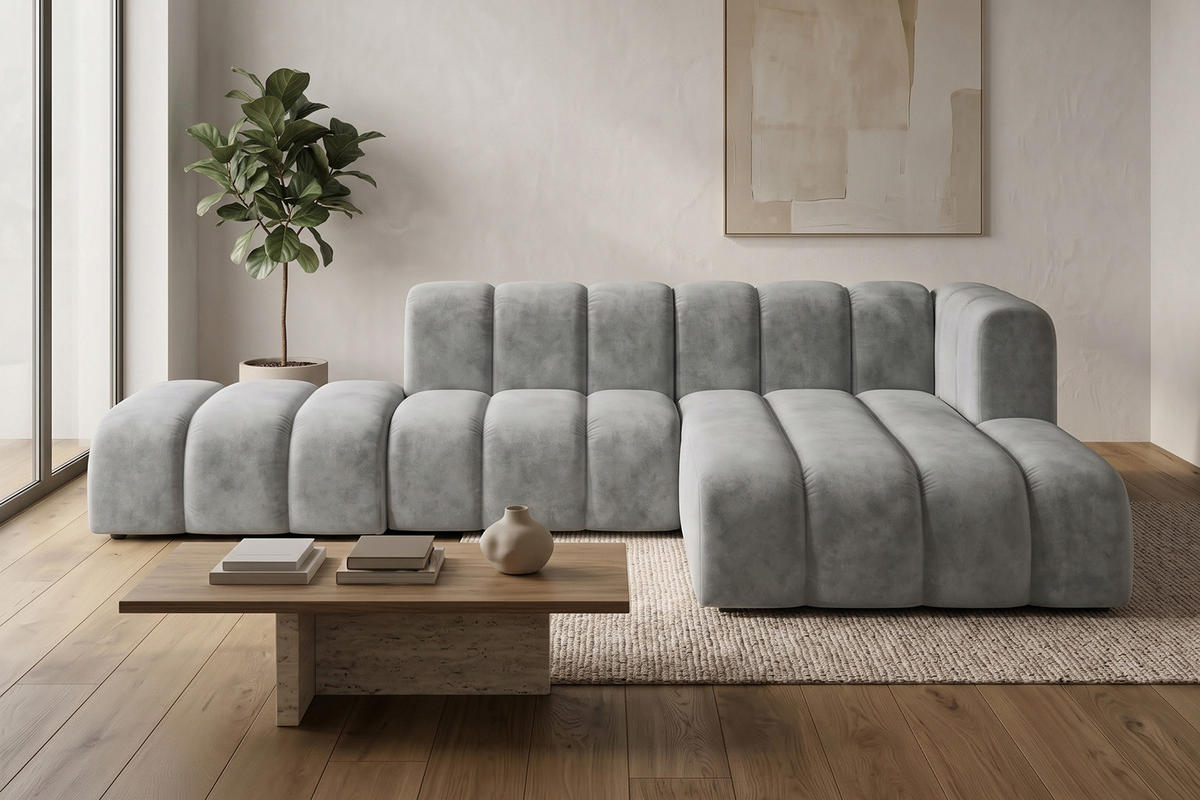 ECKSOFA Modulares In L-Form Mit Hocker, Velvet-Stoff Riviera, Grau, Rechts, GRAND Mini - Grau, Holz (295/179cm) - Kaiser Möbel