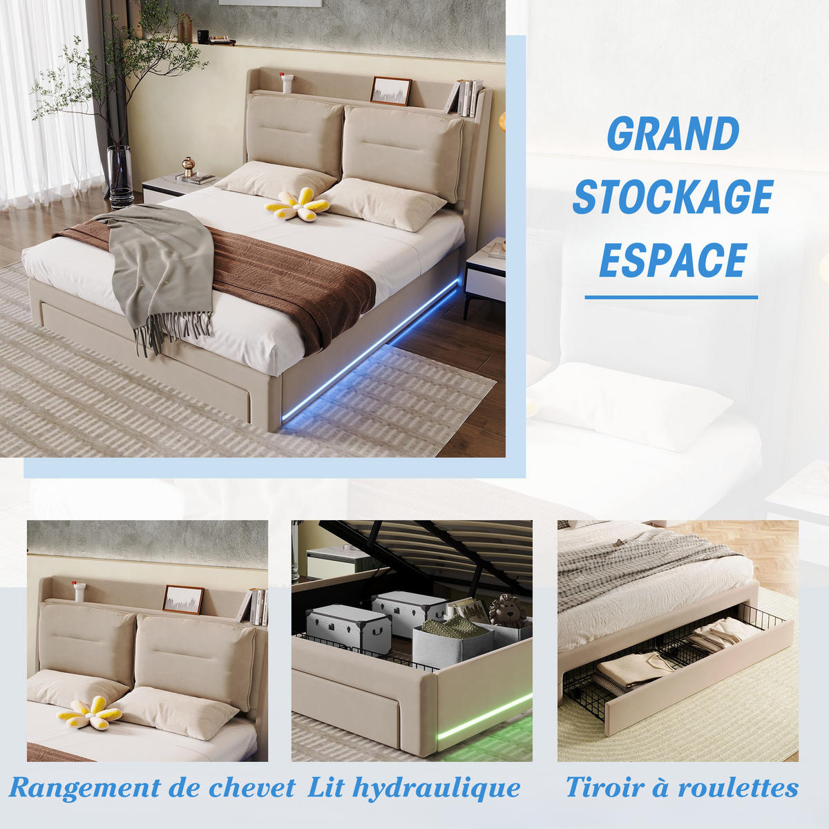 POLSTERBETT 140x190cm Beige Samt Mit LED & 2 Schubladen - Beige, Textil (140/190cm) - FLIEKS