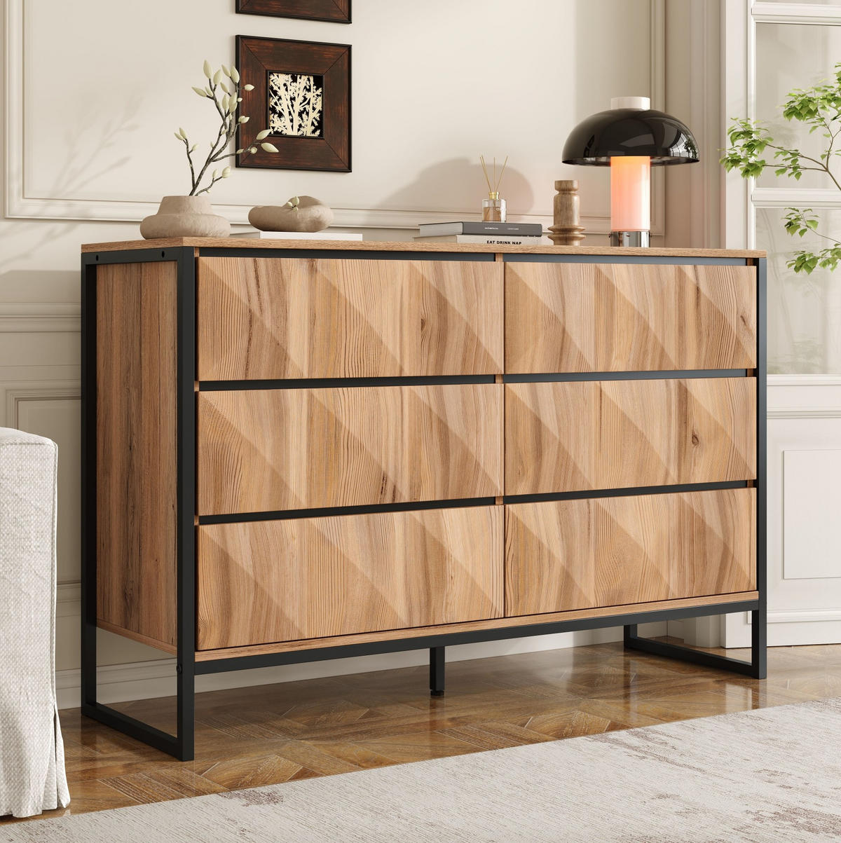 SIDEBOARD 120/40/80 cm mit 6 Schubladen in Schwarz & Natur im industriellen Look - Naturfarben, Holzwerkstoff (120/80/40cm) - BEAOK