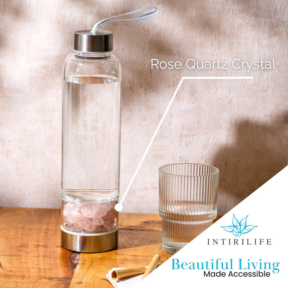 WASSERFLASCHE mit Heilsteinen und Tasche 400ml - Rosa, Glas (0.4L) - Intirilife