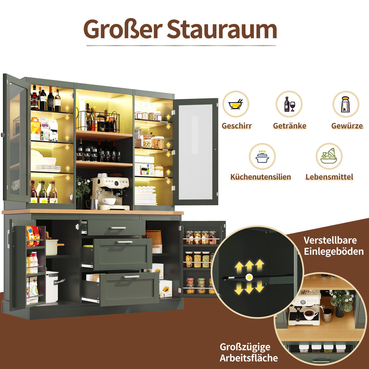 KÜCHENSCHRANK LED App 185x140x40Cm Arbeitsplatte - Grün, Holzwerkstoff (140/185/40cm) - FLIEKS