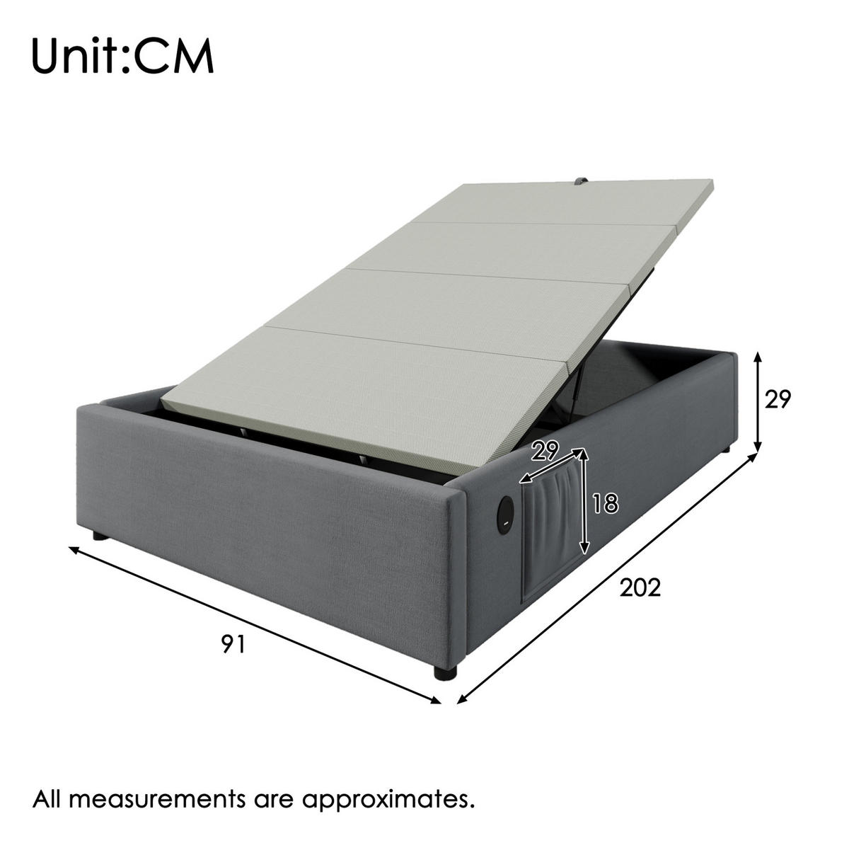 BETT mit Stauraum 90x200 cm Grau USB/Type-C - Grau, Metall (90/200cm) - Meubliv