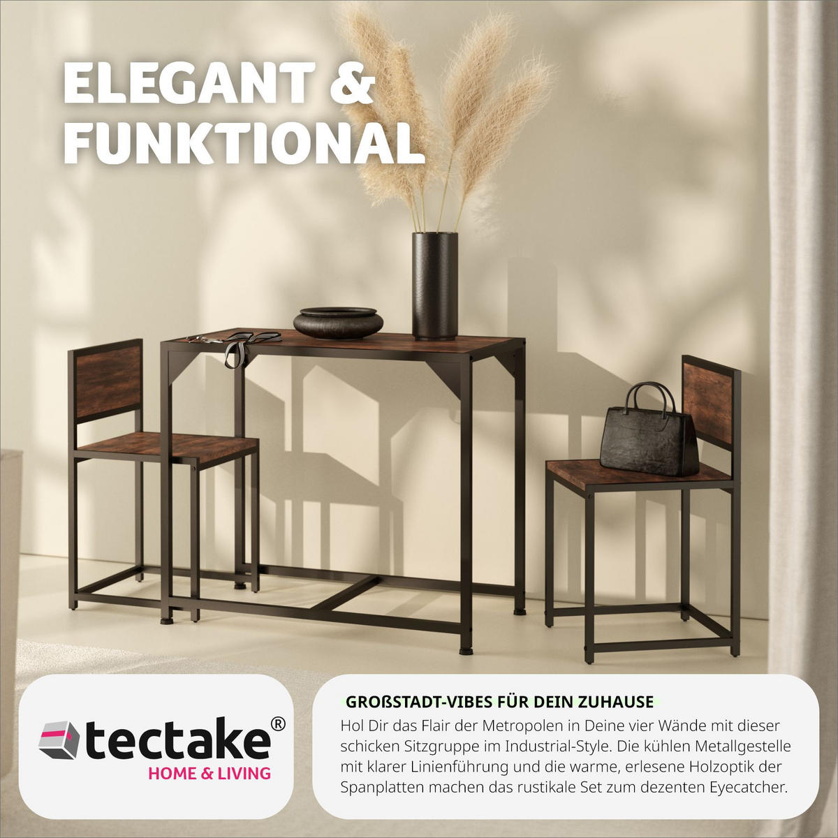 SITZGRUPPE Milton,mit höhenverstellbaren Kunststofffüßen,Industrial Holz dunkel, rustikal - Rostfarben, Holzwerkstoff (48/77/91cm) - tectake