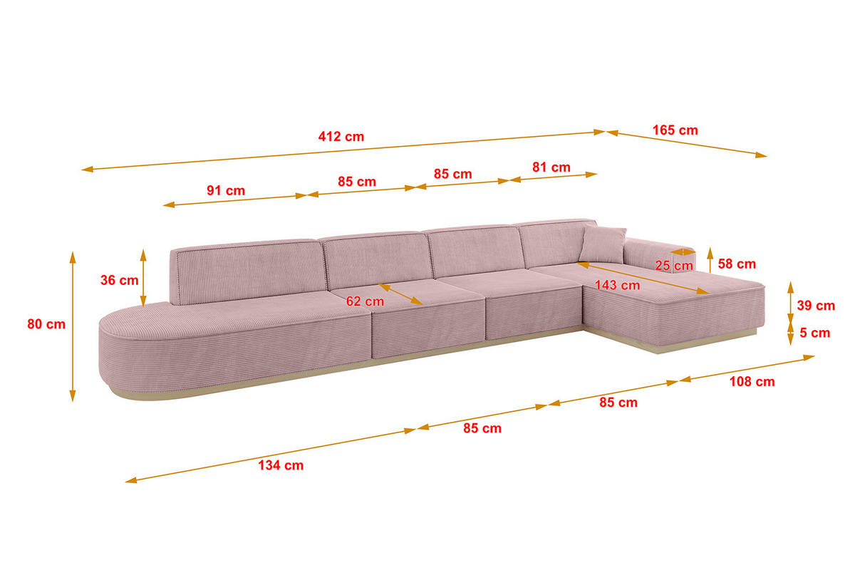 ECKSOFA Ottomane Rechts IREA-L3 - 412x165x80 cm Rosa - Rosa, Holzwerkstoff/Textil (412/165cm) - ALTDECOR