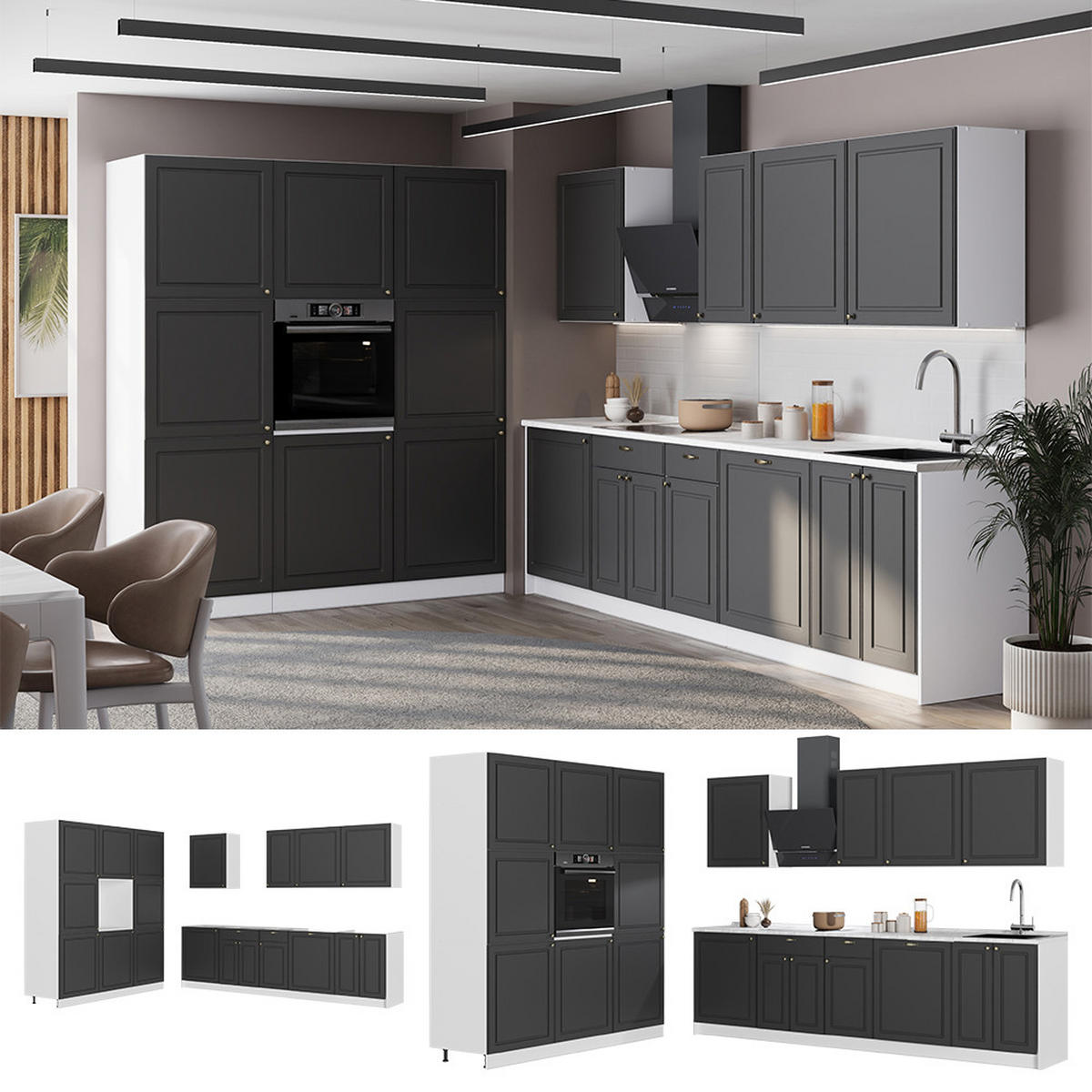 KUCHYNKA Fame-Line, Antracitovo-zlatý vidiecky dom/biely, 460 cm, AP Marble - biela/antracitová, kompozitné drevo (460/206.8/60cm) - Vicco