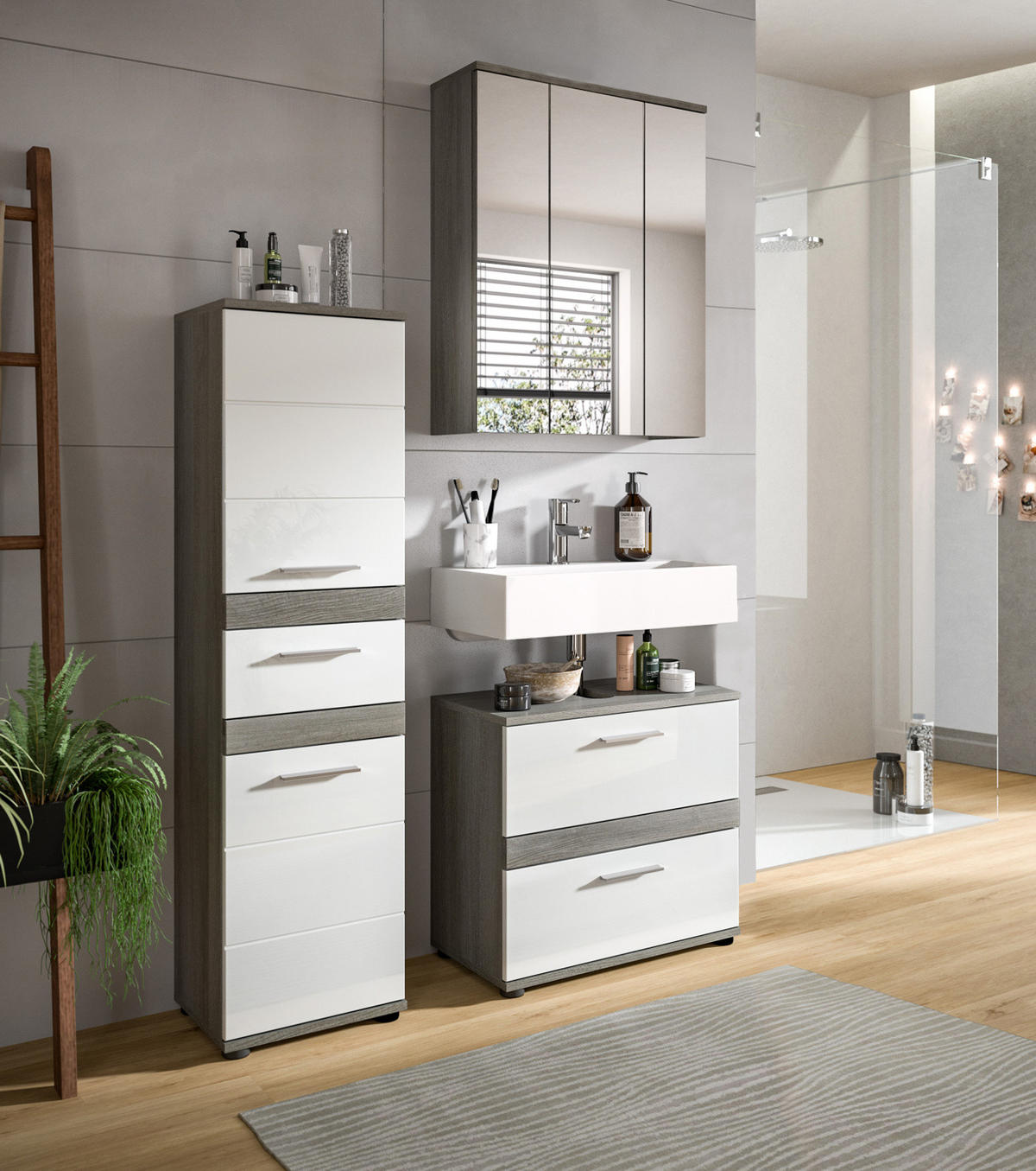 BADMÖBEL-SET weiß Hochglanz. grau 3-teilig 110 cm, Kombination mit viel Stauraum - Weiß Hochglanz/Grau, Holzwerkstoff/Metall (110/191/34cm) - Inn.Furn