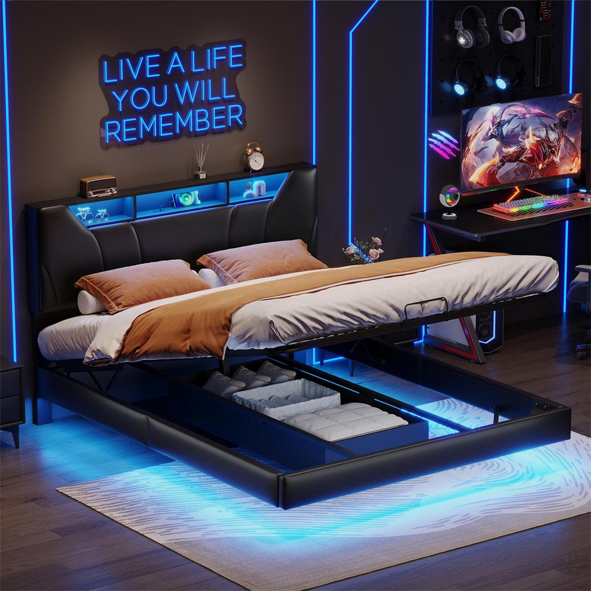 POLSTERBETT 140x200 cm mit LED-Beleuchtung und USB-Ladefunktion - aufklappbarem Kopfteil &hydraulischem Bettkasten - Schwarz, Textil (140/200cm) - DELFA