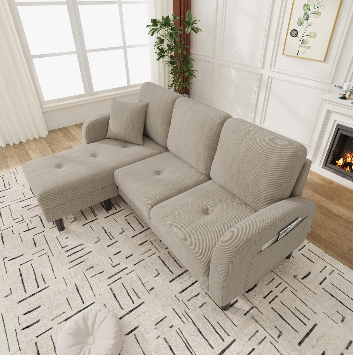 ECKSOFA 166/118/77 cm hellgrau aus Cord mit Chaiselongue - Graubraun, Kunststoff (118/166cm) - OKWISH