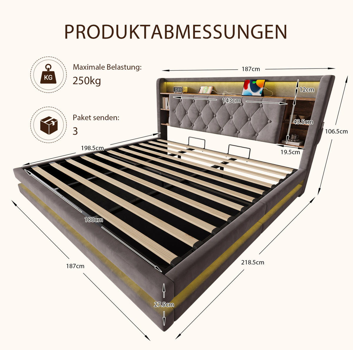 ČALOUNĚNÁ postel 180/200 cm s LED osvětlením, USB a USB-C, hydraulickým úložným prostorem a čelem s policemi, Tmavě šedá - tmavě šedá, textil (180/200cm) - Redom
