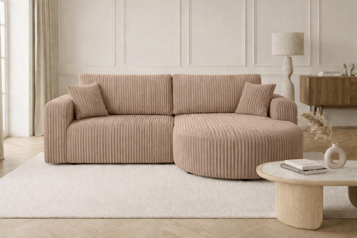 ECKSOFA Mit Schlaffunktion, Cordstoff Tilia, Braun, Rechts, ROUND ONE - Braun, Holz (244/175cm) - Kaiser Möbel