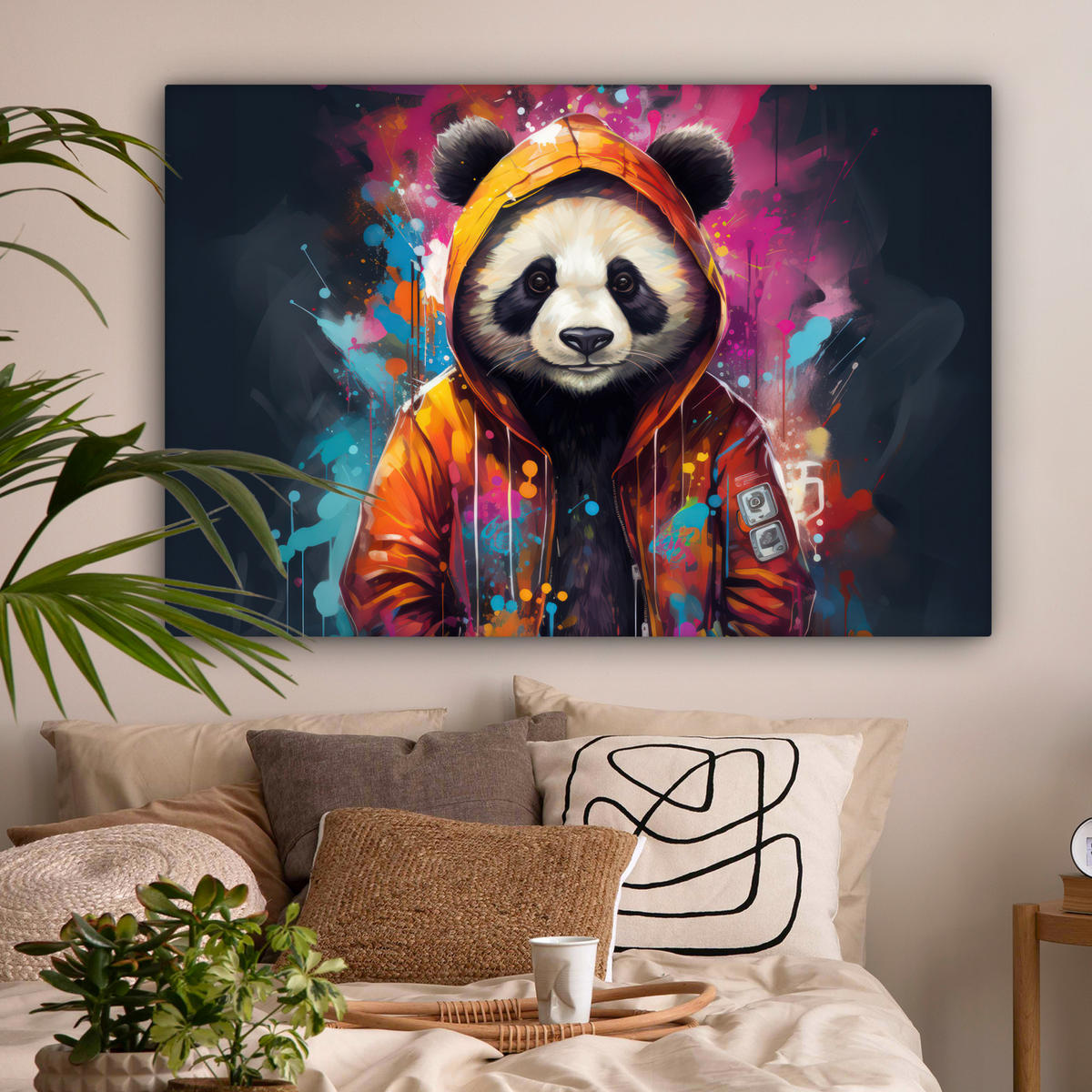 LEINWANDBILD Panda - Jacke - Graffiti - Orange XXL 150x100 cm - Orange, Textil (150/100cm) - MuchoWow