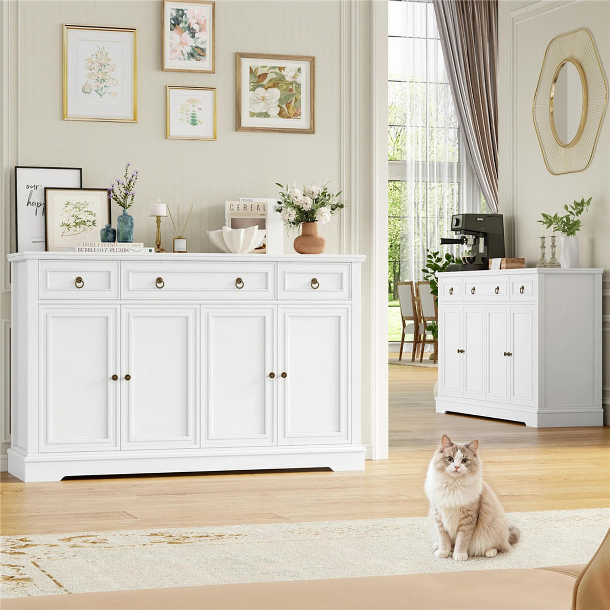 SIDEBOARD 134x87x40 cm Küchenschrank 3 Schubladen Weiß - Weiß, Holz (134/87/40cm) - Kaket