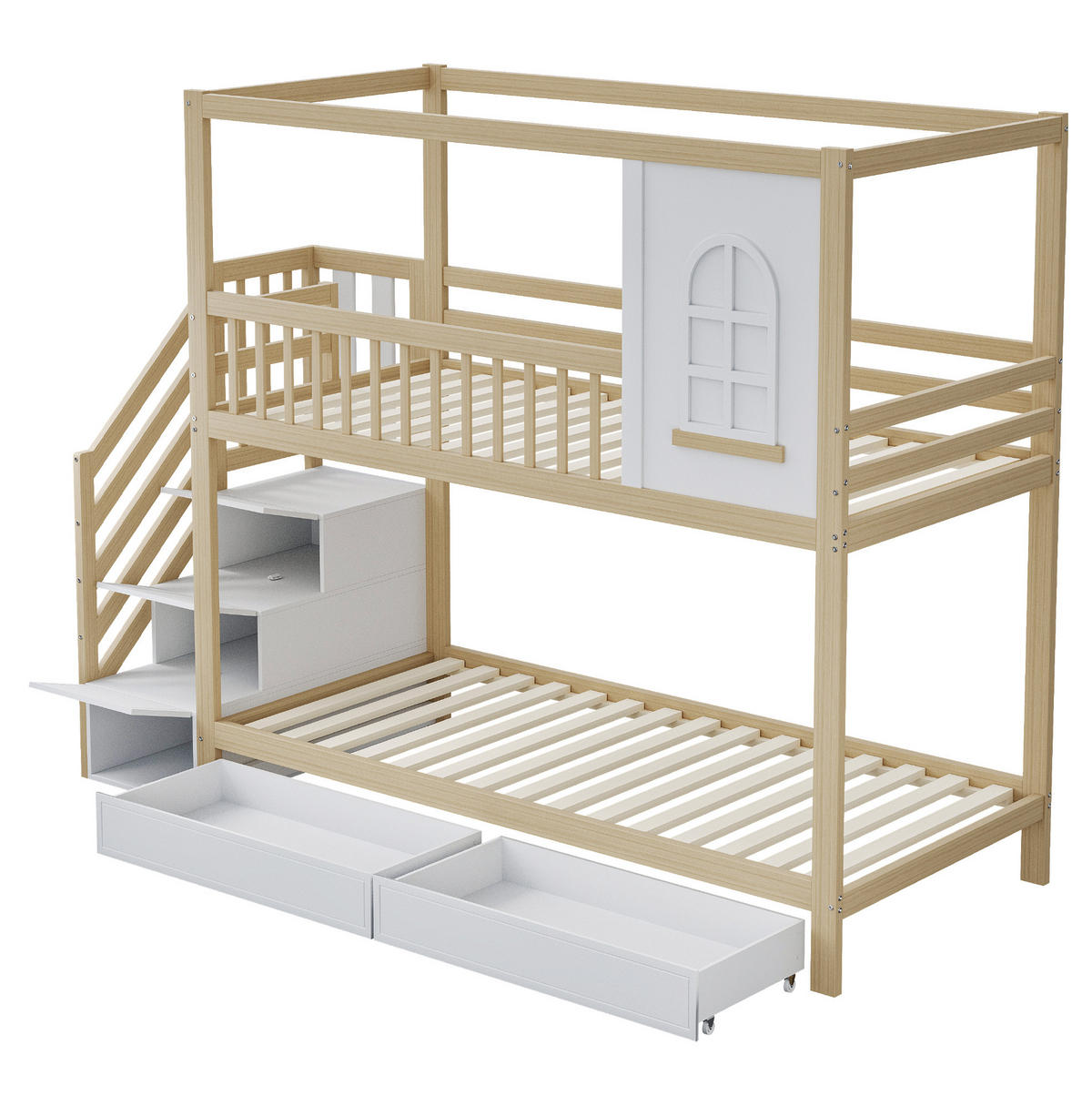 ETAGENBETT 90/200 cm Massivholz mit Leitereinheit und Stauraum - Naturfarben, Holz (90/200cm) - OKWISH