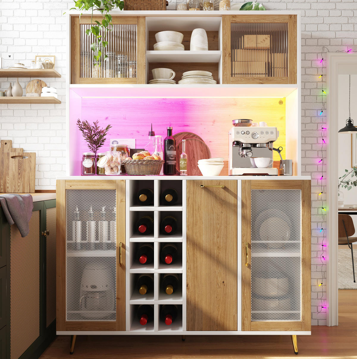BUFFETSCHRANK 120/40/170 cm Weiß/Holzdekor aus MDF mit LED und Steckdose - Weiß, Holzwerkstoff (120/170/40cm) - OKWISH