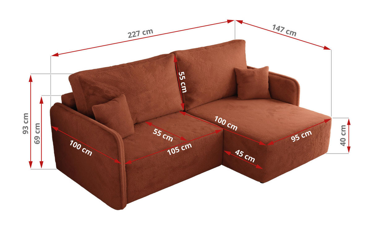 ECKSCHLAFSOFA MESTO L Orange Plüsch - links - Schwarz/Orange, Kunststoff/Textil (227/147cm) - MKS